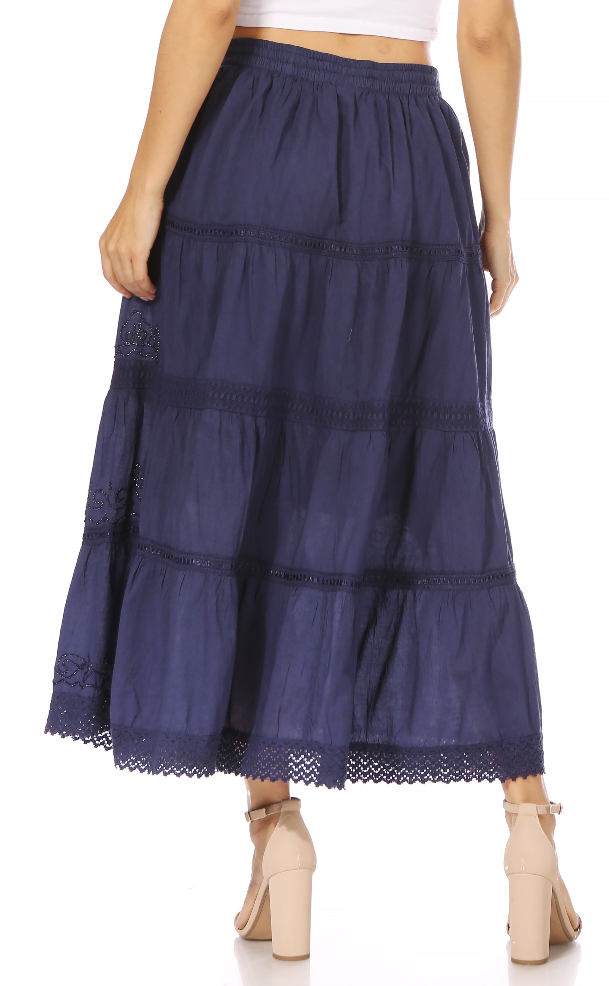 Sakkas - Solid Embroidered Crochet Lace Trim Gypsy Bohemian Mid Length Cotton Skirt