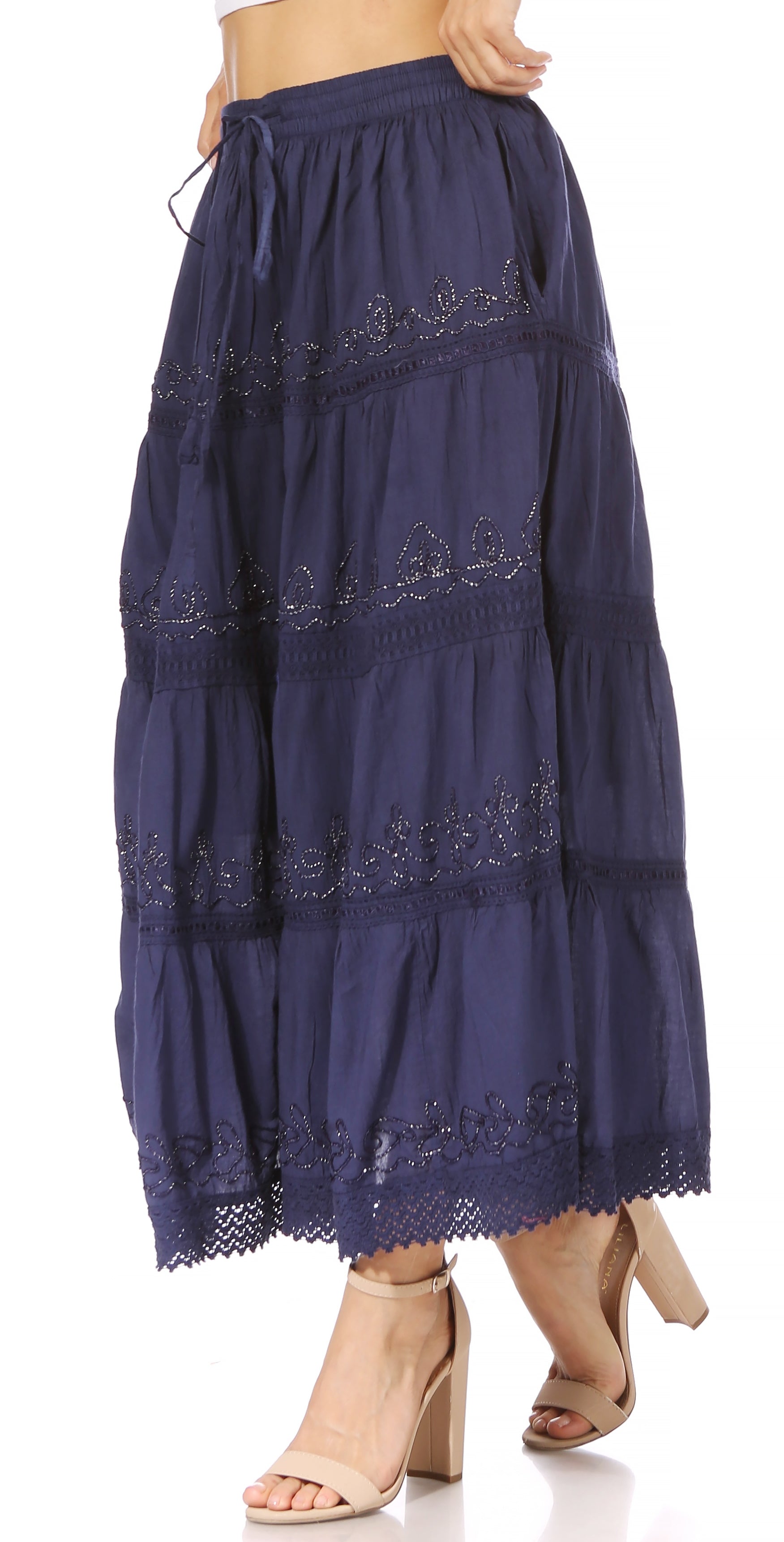 Sakkas - Solid Embroidered Crochet Lace Trim Gypsy Bohemian Mid Length Cotton Skirt