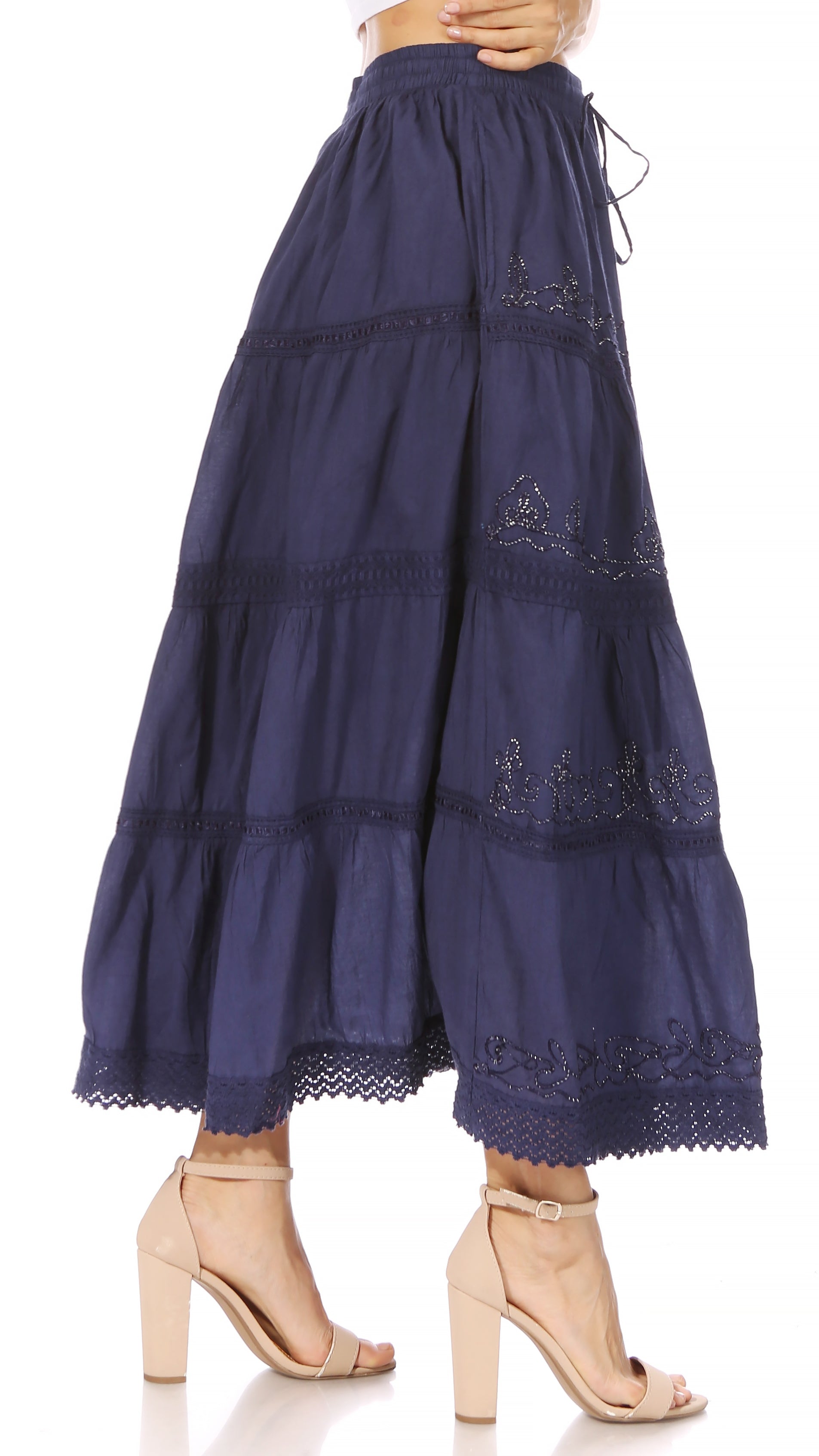 Sakkas - Solid Embroidered Crochet Lace Trim Gypsy Bohemian Mid Length Cotton Skirt