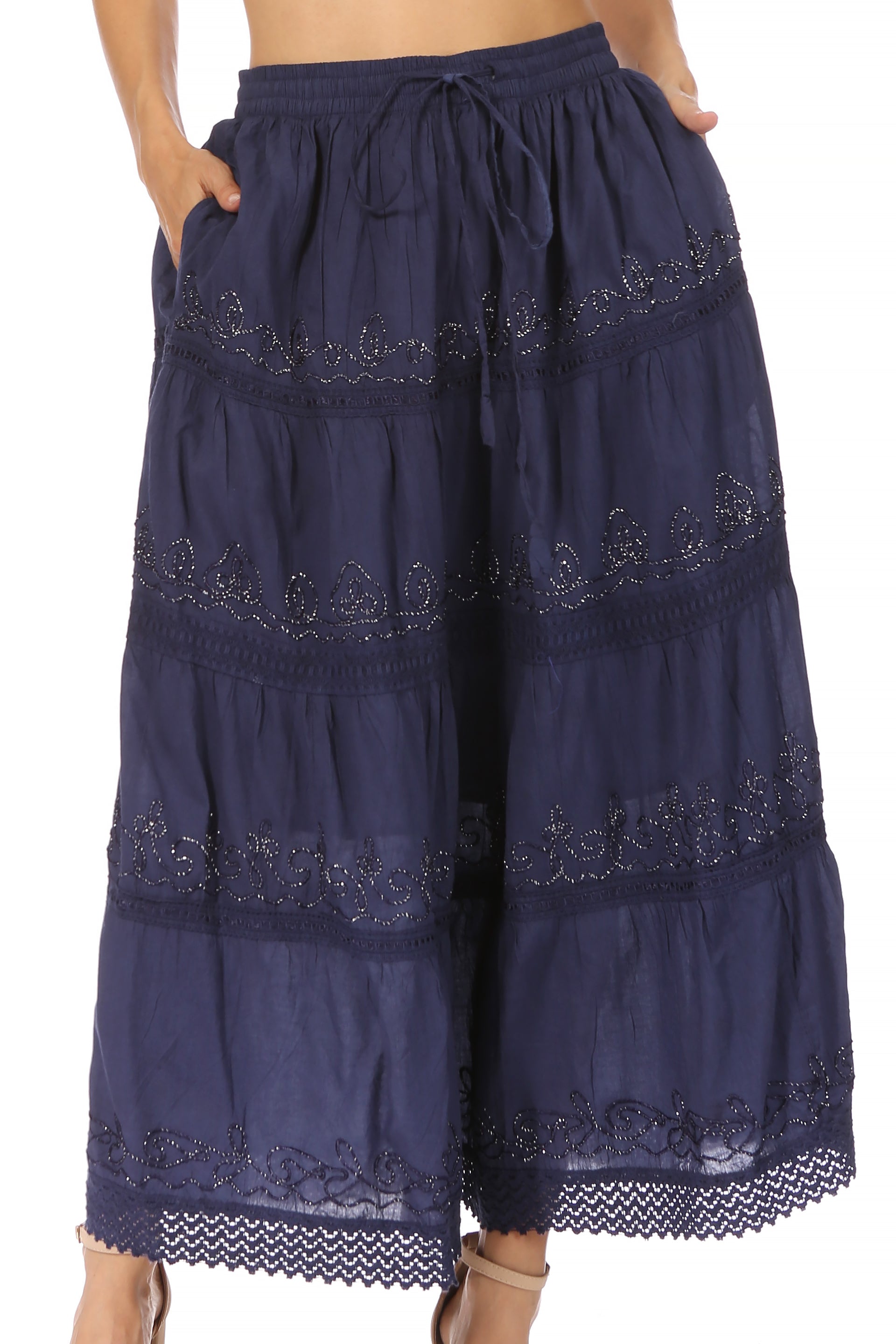 Sakkas - Solid Embroidered Crochet Lace Trim Gypsy Bohemian Mid Length Cotton Skirt