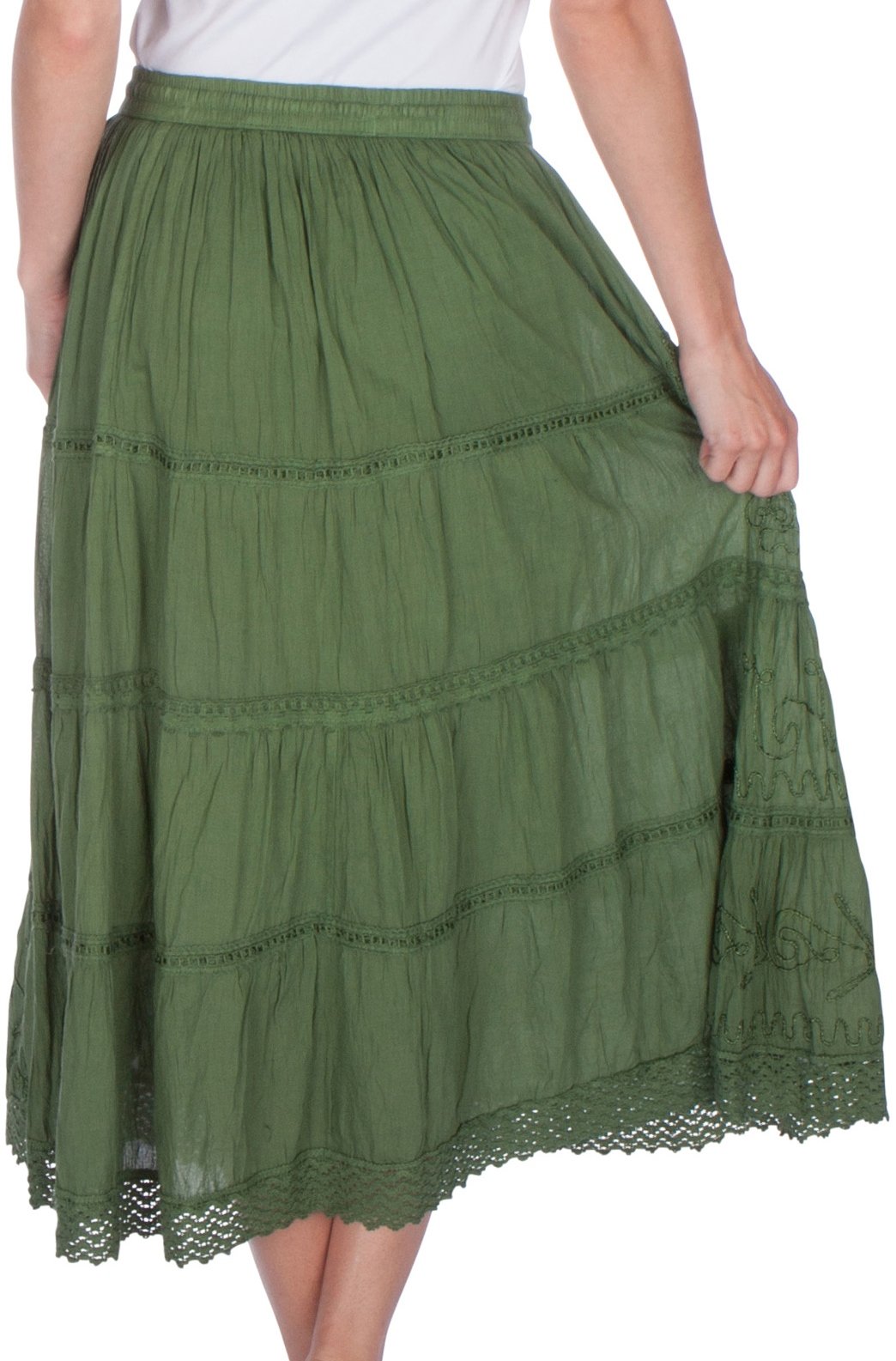Sakkas - Solid Embroidered Crochet Lace Trim Gypsy Bohemian Mid Length Cotton Skirt