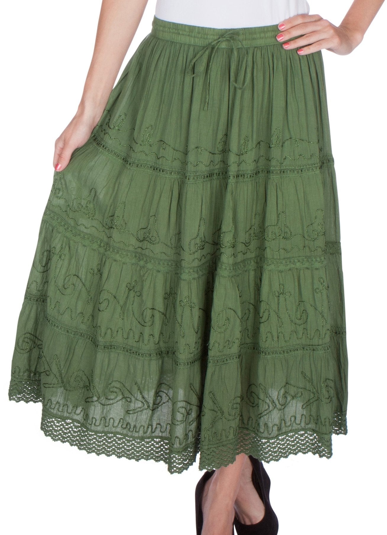 Sakkas - Solid Embroidered Crochet Lace Trim Gypsy Bohemian Mid Length Cotton Skirt