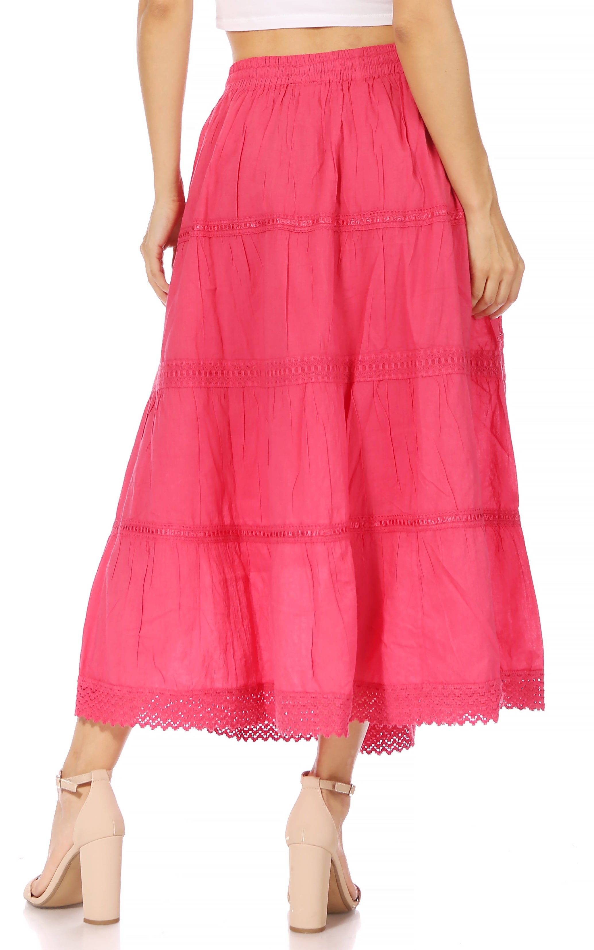 Sakkas - Solid Embroidered Crochet Lace Trim Gypsy Bohemian Mid Length Cotton Skirt