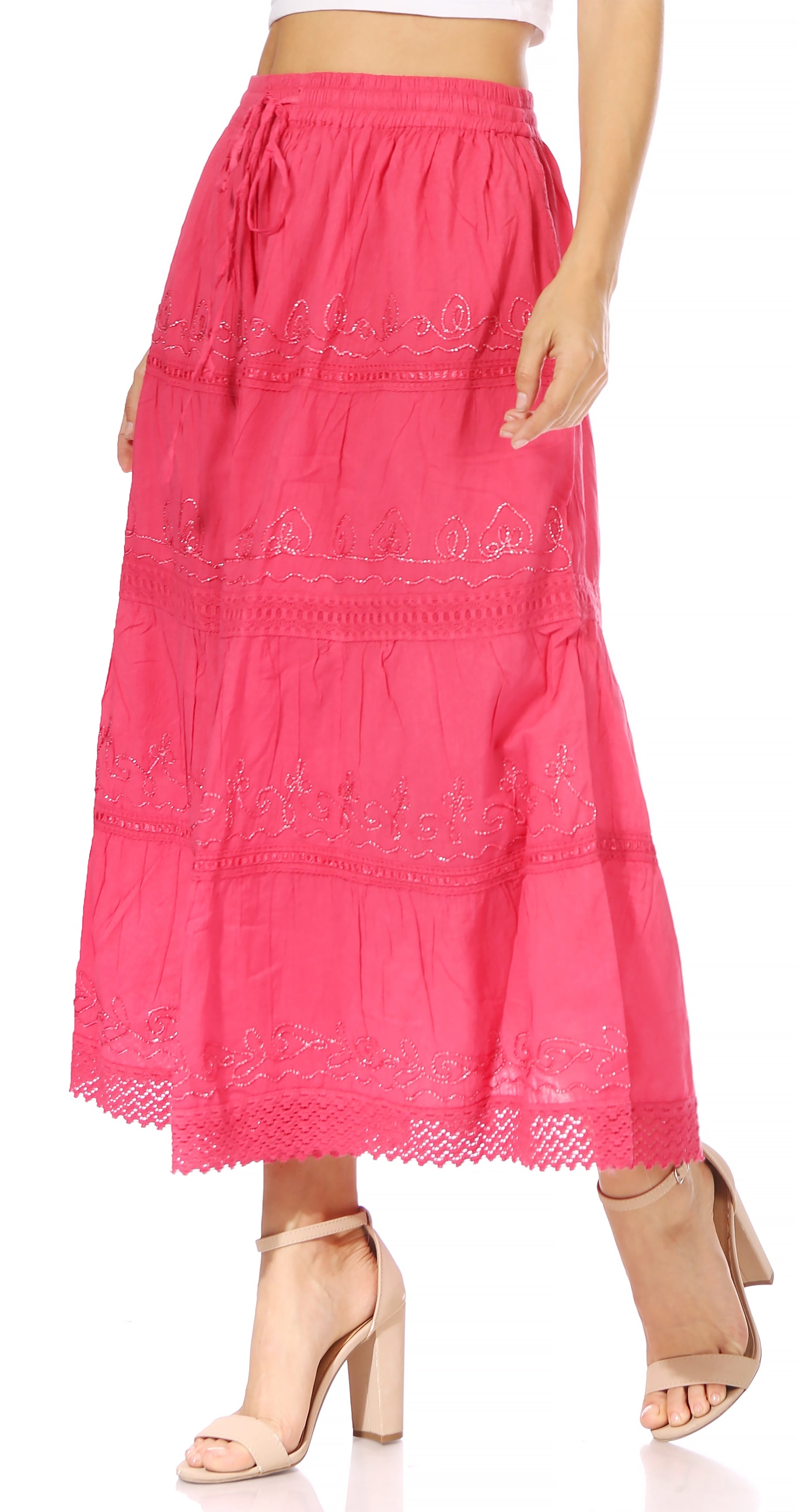 Sakkas - Solid Embroidered Crochet Lace Trim Gypsy Bohemian Mid Length Cotton Skirt