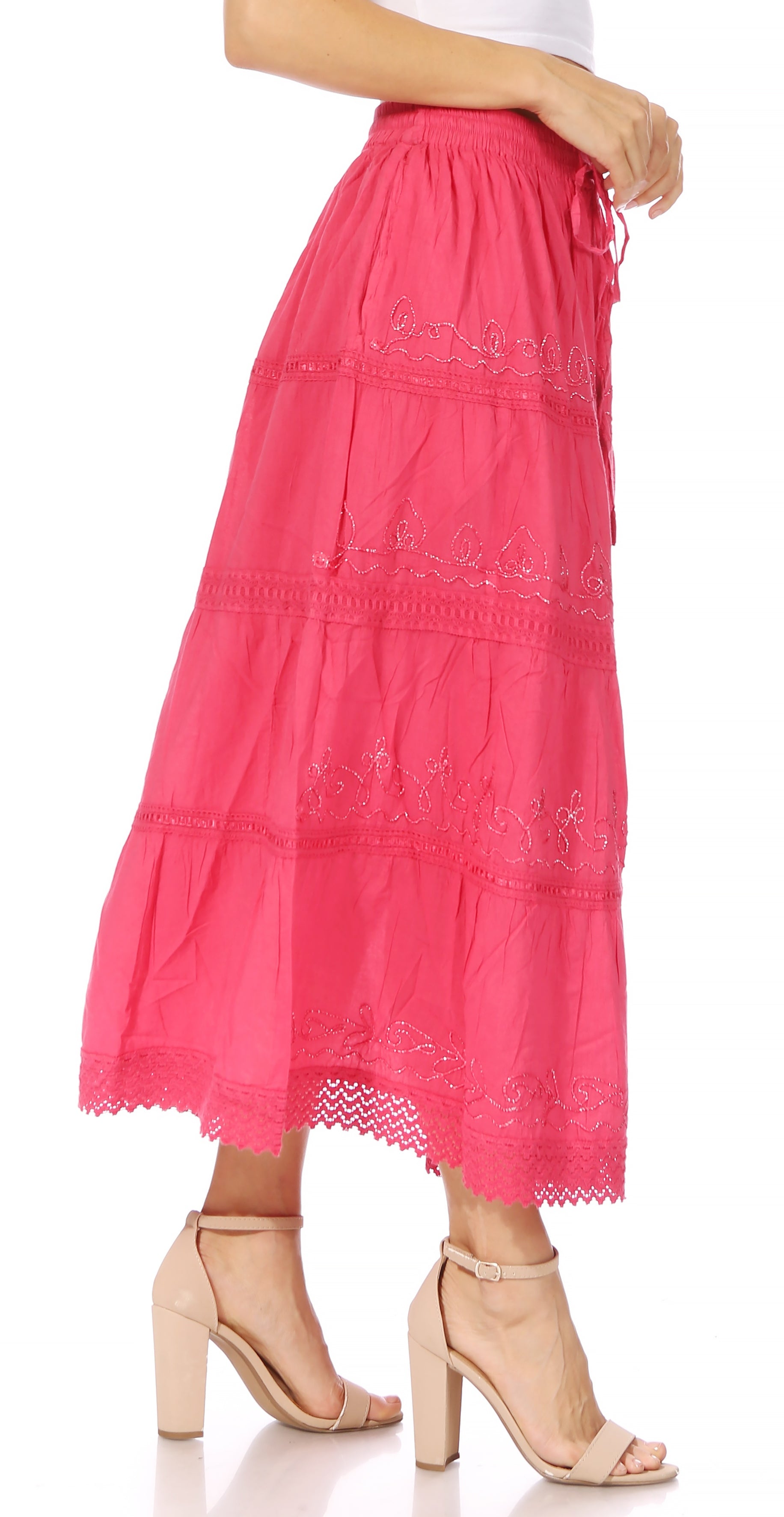 Sakkas - Solid Embroidered Crochet Lace Trim Gypsy Bohemian Mid Length Cotton Skirt