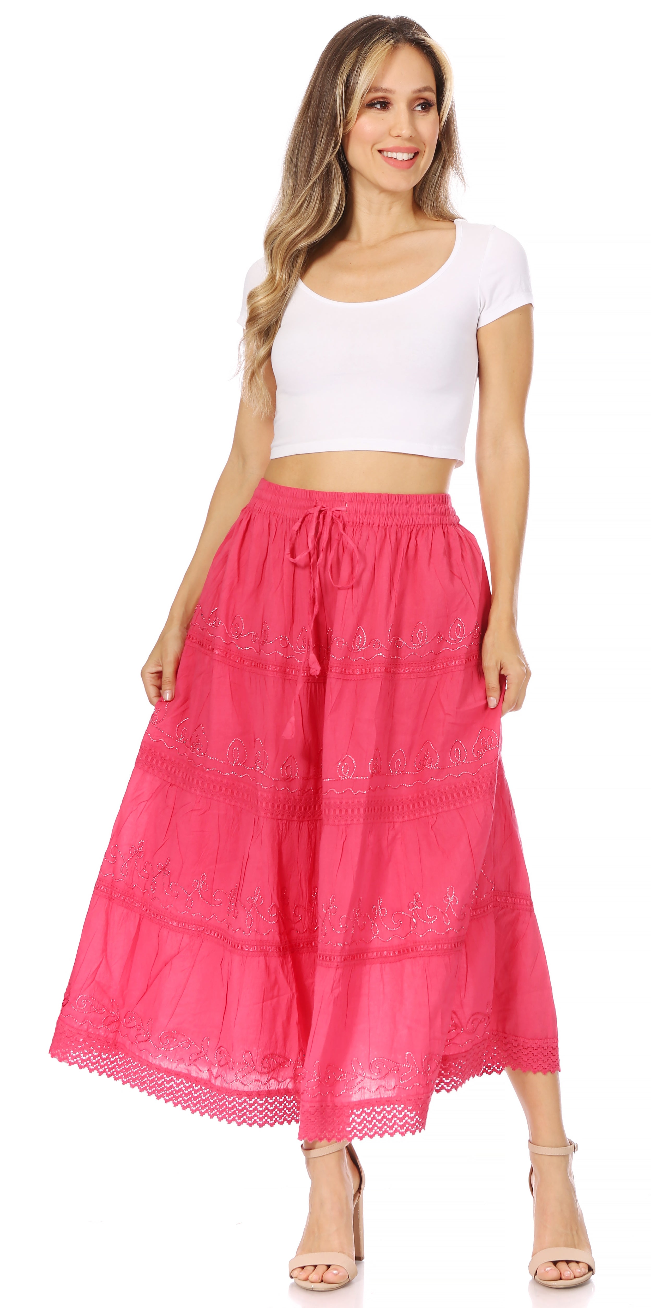Sakkas - Solid Embroidered Crochet Lace Trim Gypsy Bohemian Mid Length Cotton Skirt