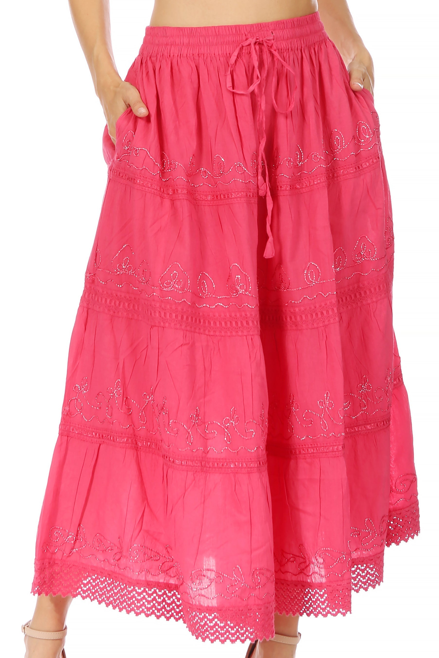 Sakkas - Solid Embroidered Crochet Lace Trim Gypsy Bohemian Mid Length Cotton Skirt