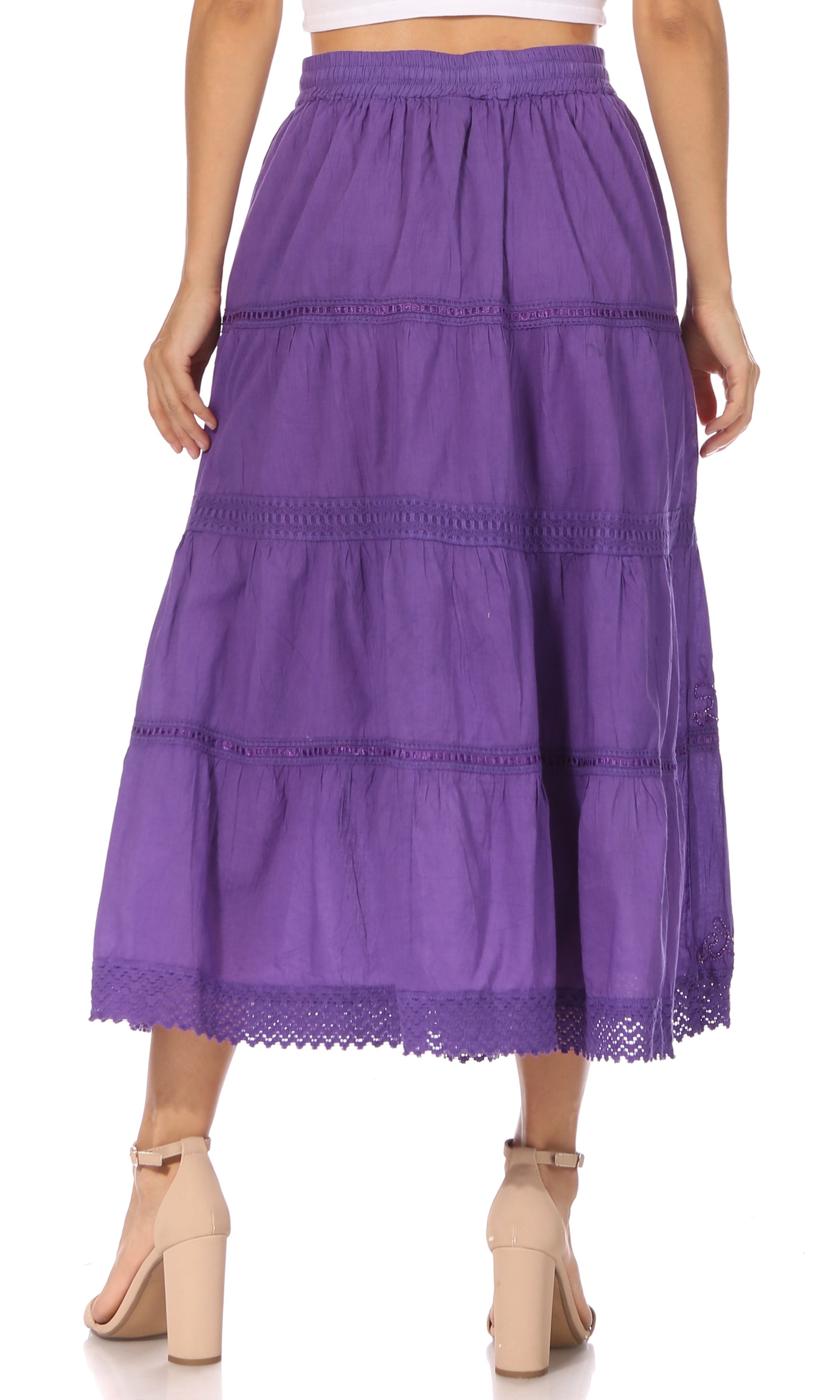 Sakkas - Solid Embroidered Crochet Lace Trim Gypsy Bohemian Mid Length Cotton Skirt