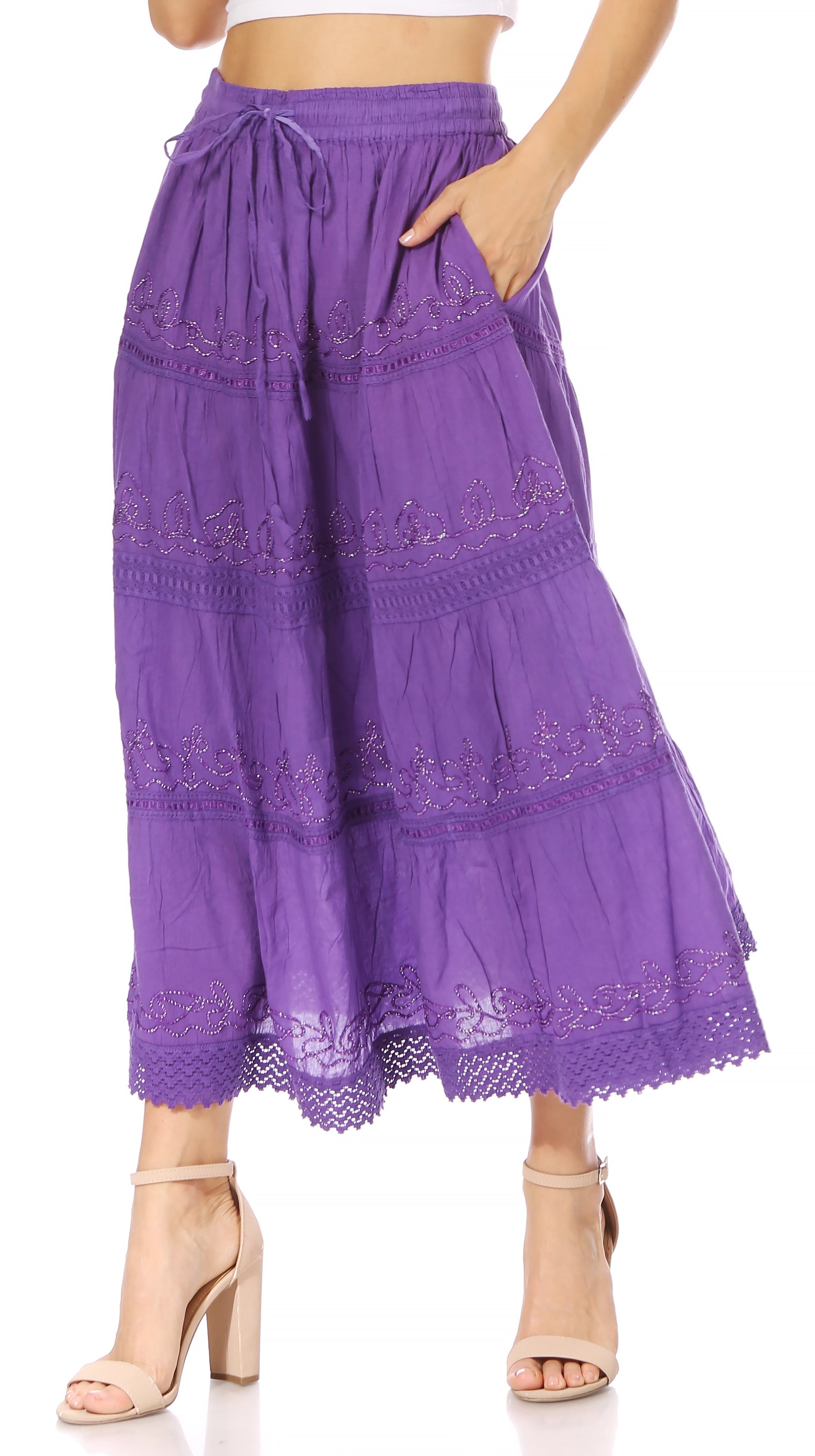 Sakkas - Solid Embroidered Crochet Lace Trim Gypsy Bohemian Mid Length Cotton Skirt