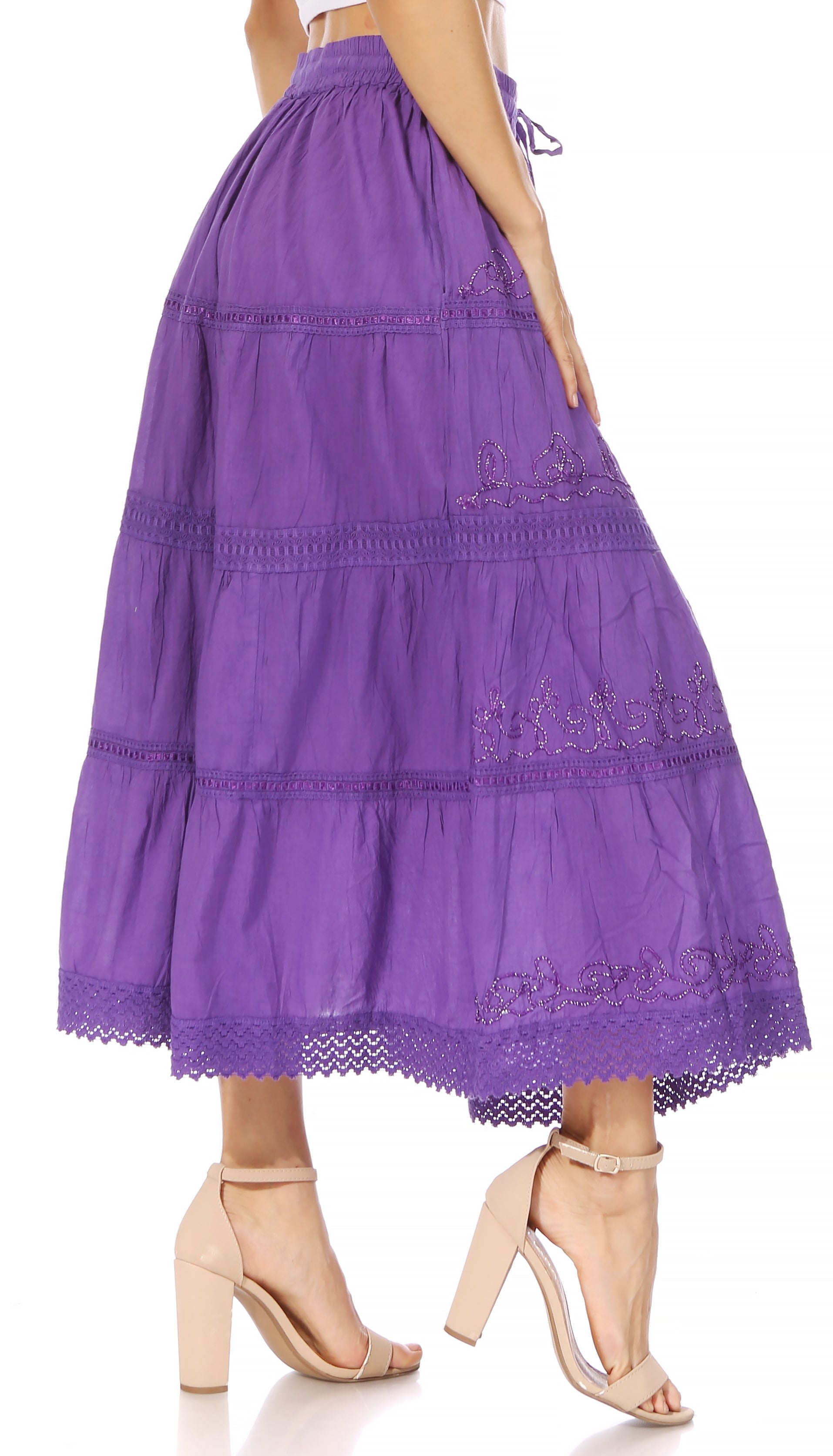 Sakkas - Solid Embroidered Crochet Lace Trim Gypsy Bohemian Mid Length Cotton Skirt