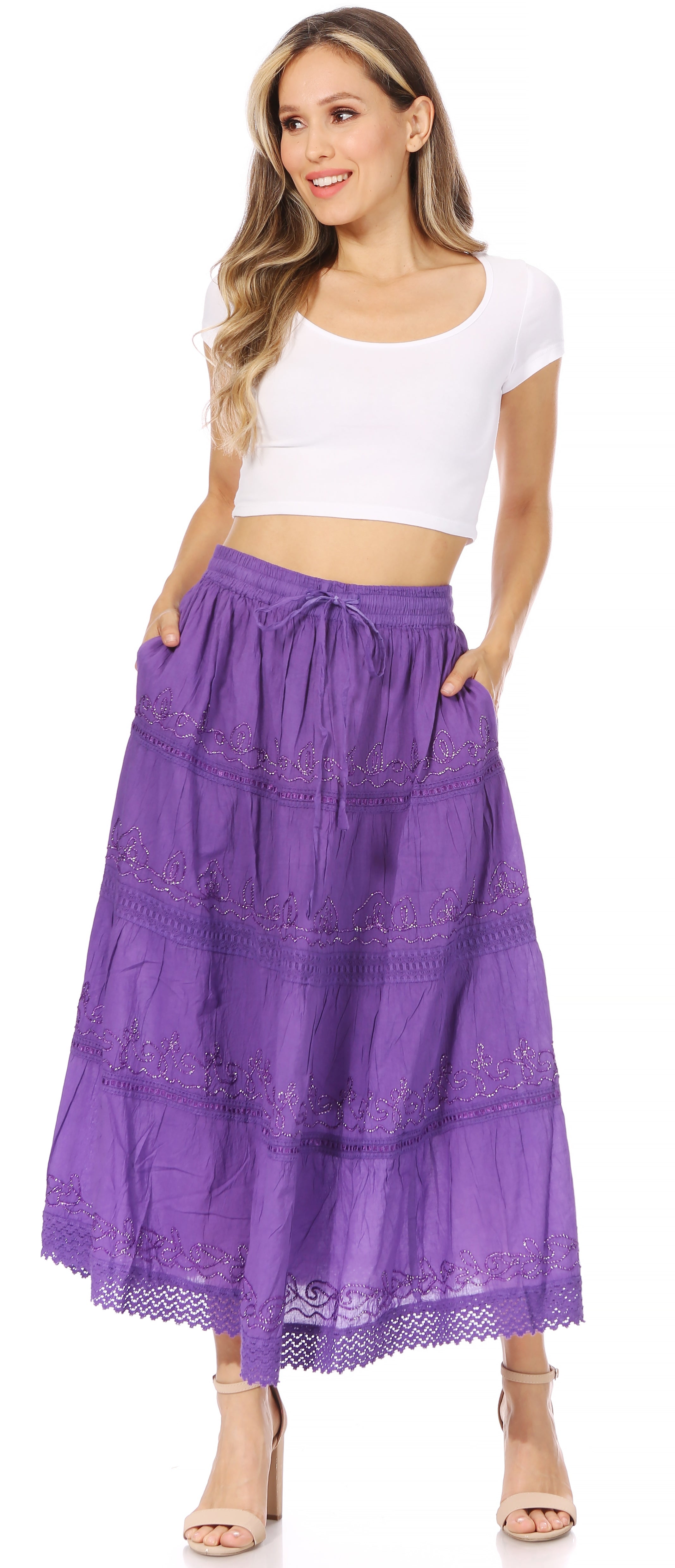 Sakkas - Solid Embroidered Crochet Lace Trim Gypsy Bohemian Mid Length Cotton Skirt