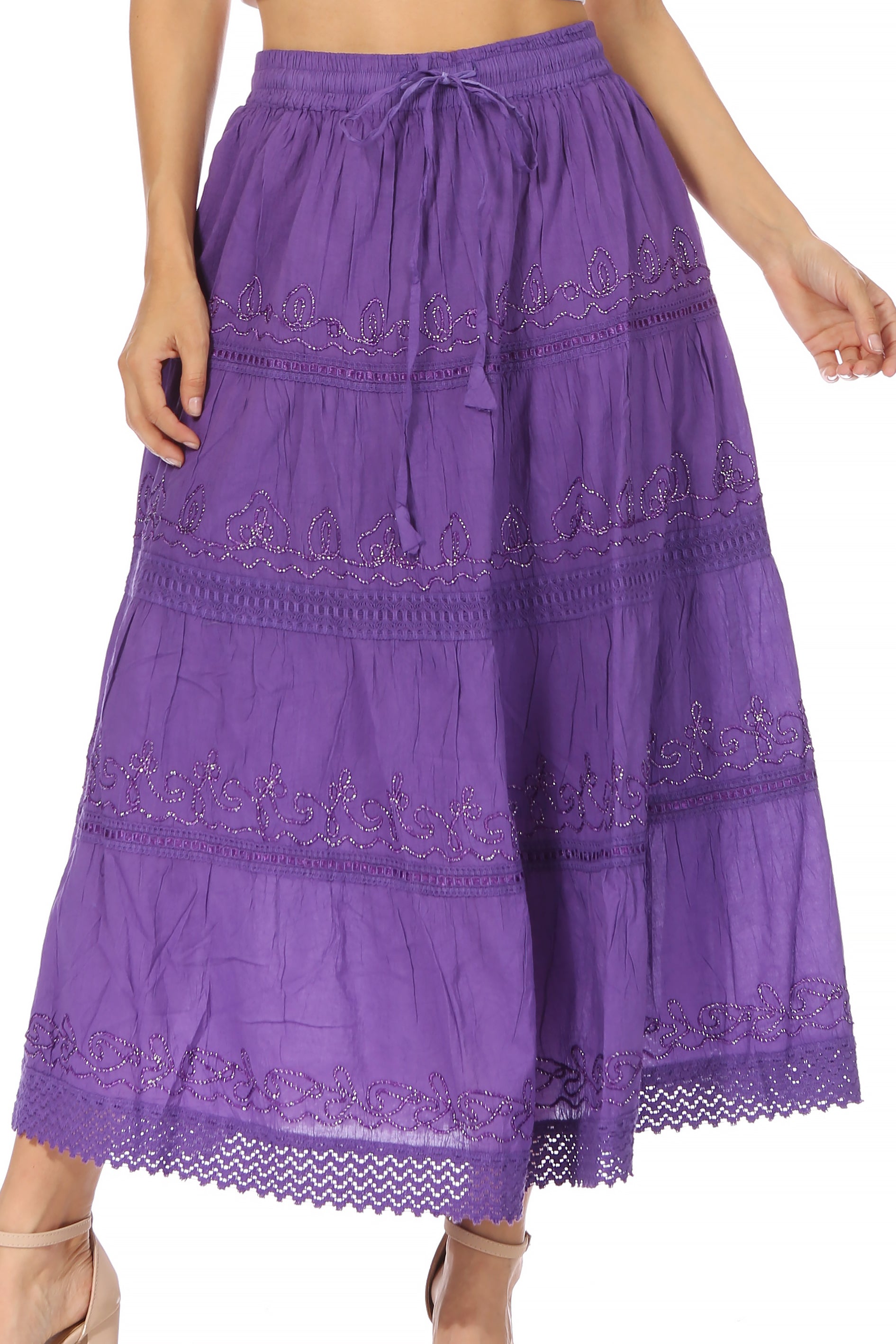 Sakkas - Solid Embroidered Crochet Lace Trim Gypsy Bohemian Mid Length Cotton Skirt