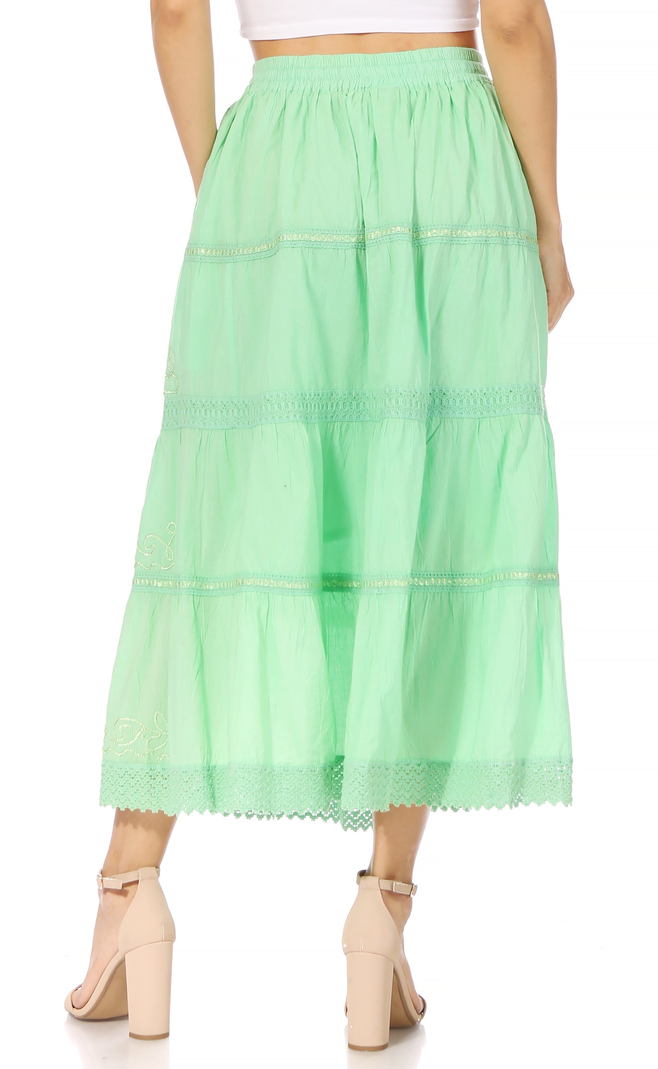 Sakkas - Solid Embroidered Crochet Lace Trim Gypsy Bohemian Mid Length Cotton Skirt