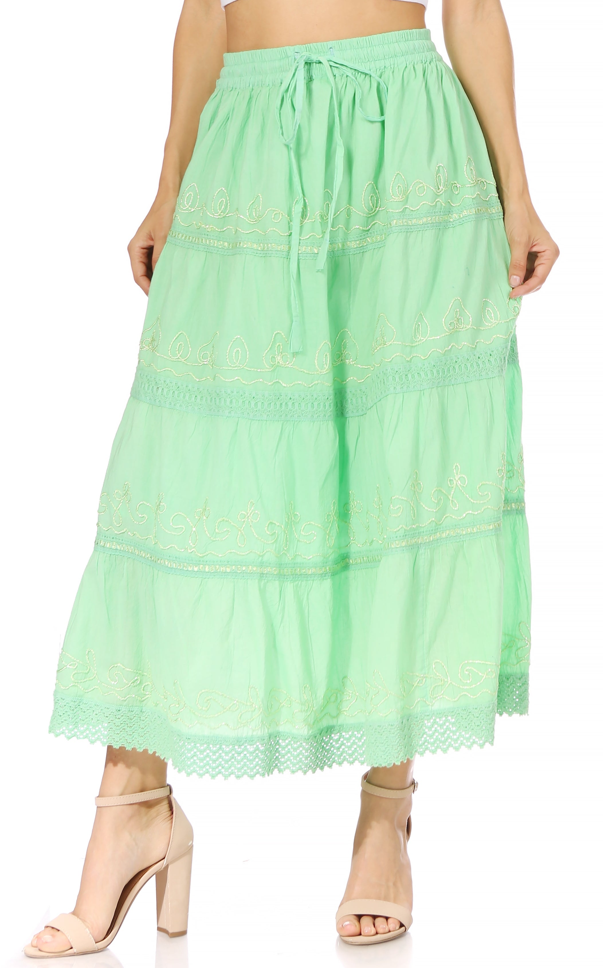 Sakkas - Solid Embroidered Crochet Lace Trim Gypsy Bohemian Mid Length Cotton Skirt