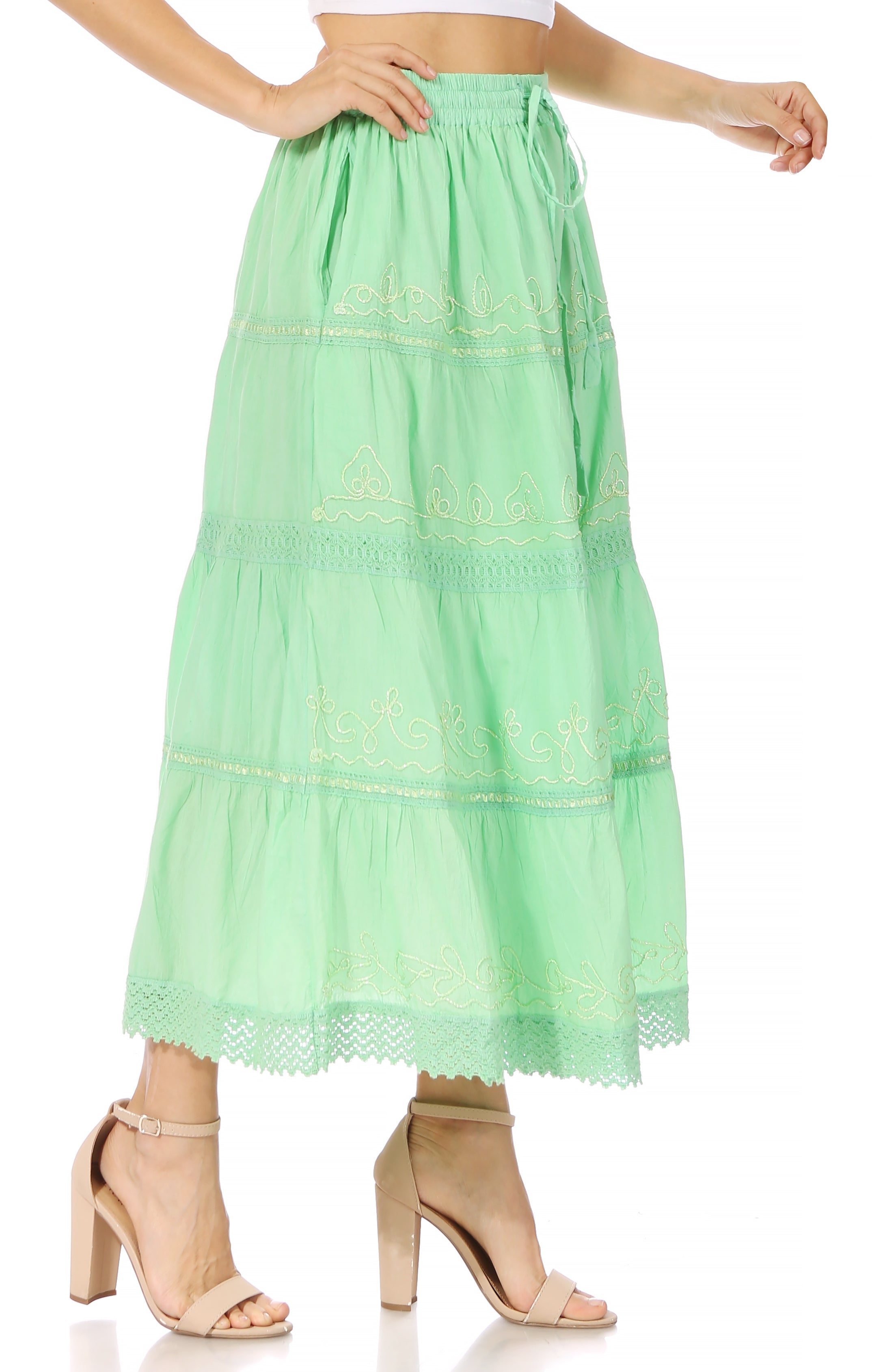 Sakkas - Solid Embroidered Crochet Lace Trim Gypsy Bohemian Mid Length Cotton Skirt