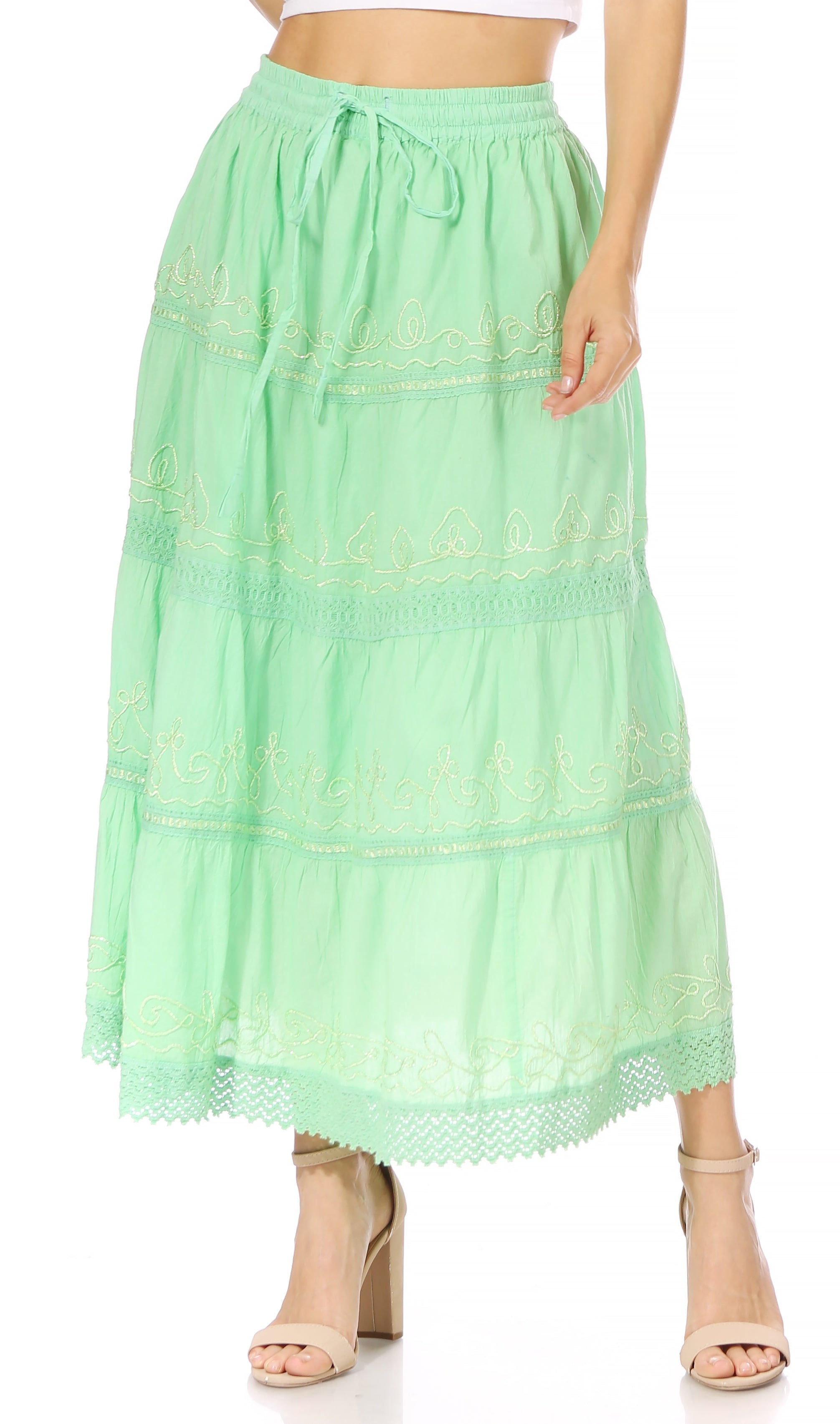 Sakkas - Solid Embroidered Crochet Lace Trim Gypsy Bohemian Mid Length Cotton Skirt