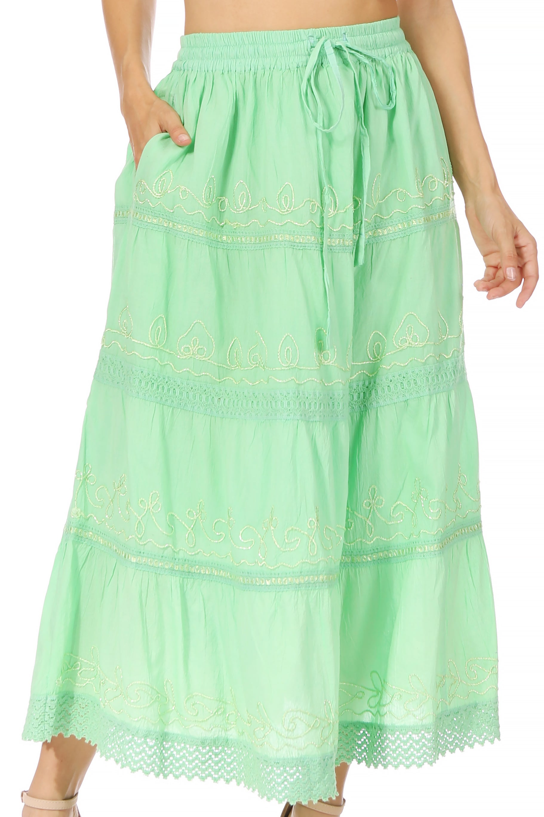 Sakkas - Solid Embroidered Crochet Lace Trim Gypsy Bohemian Mid Length Cotton Skirt
