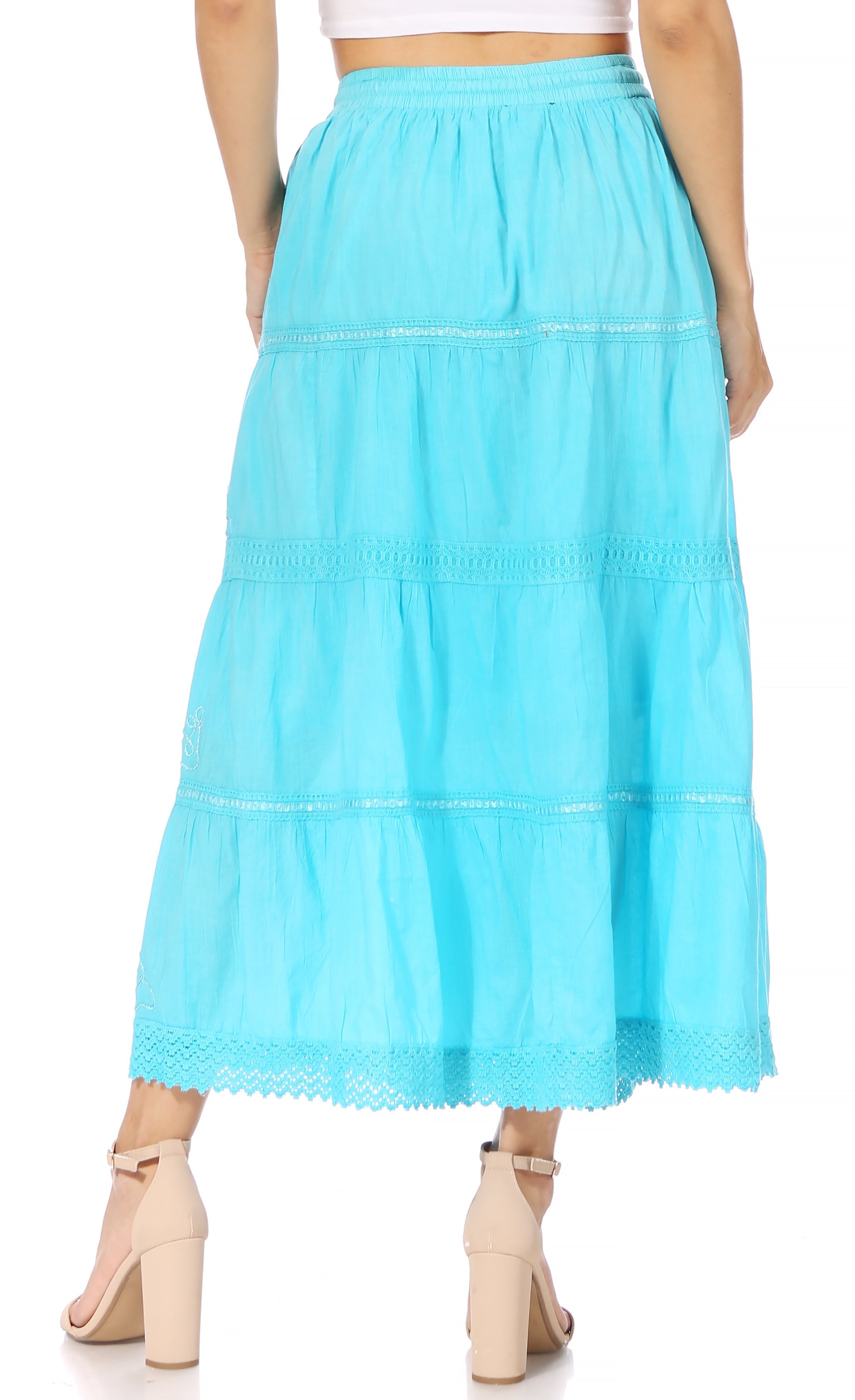 Sakkas - Solid Embroidered Crochet Lace Trim Gypsy Bohemian Mid Length Cotton Skirt