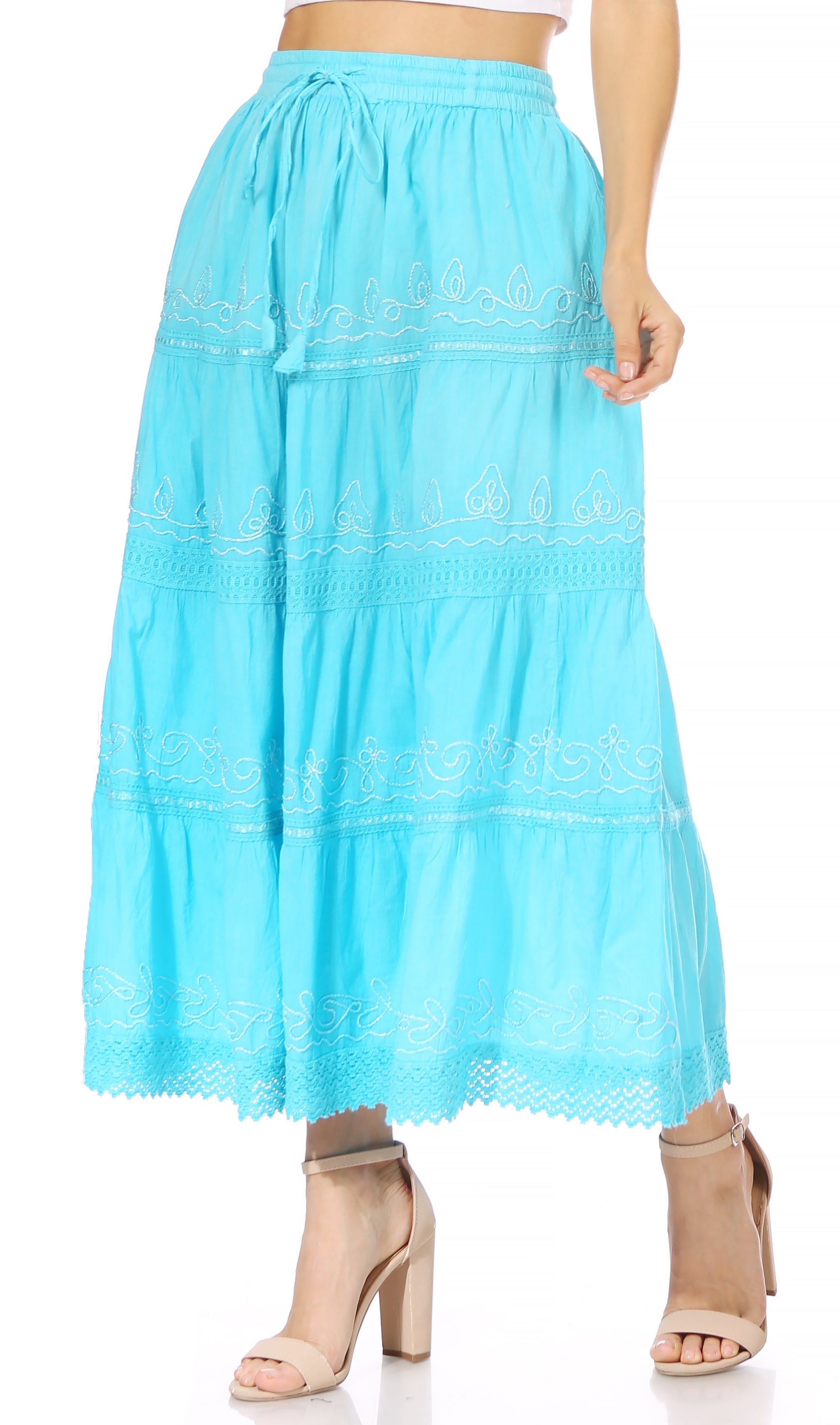 Sakkas - Solid Embroidered Crochet Lace Trim Gypsy Bohemian Mid Length Cotton Skirt