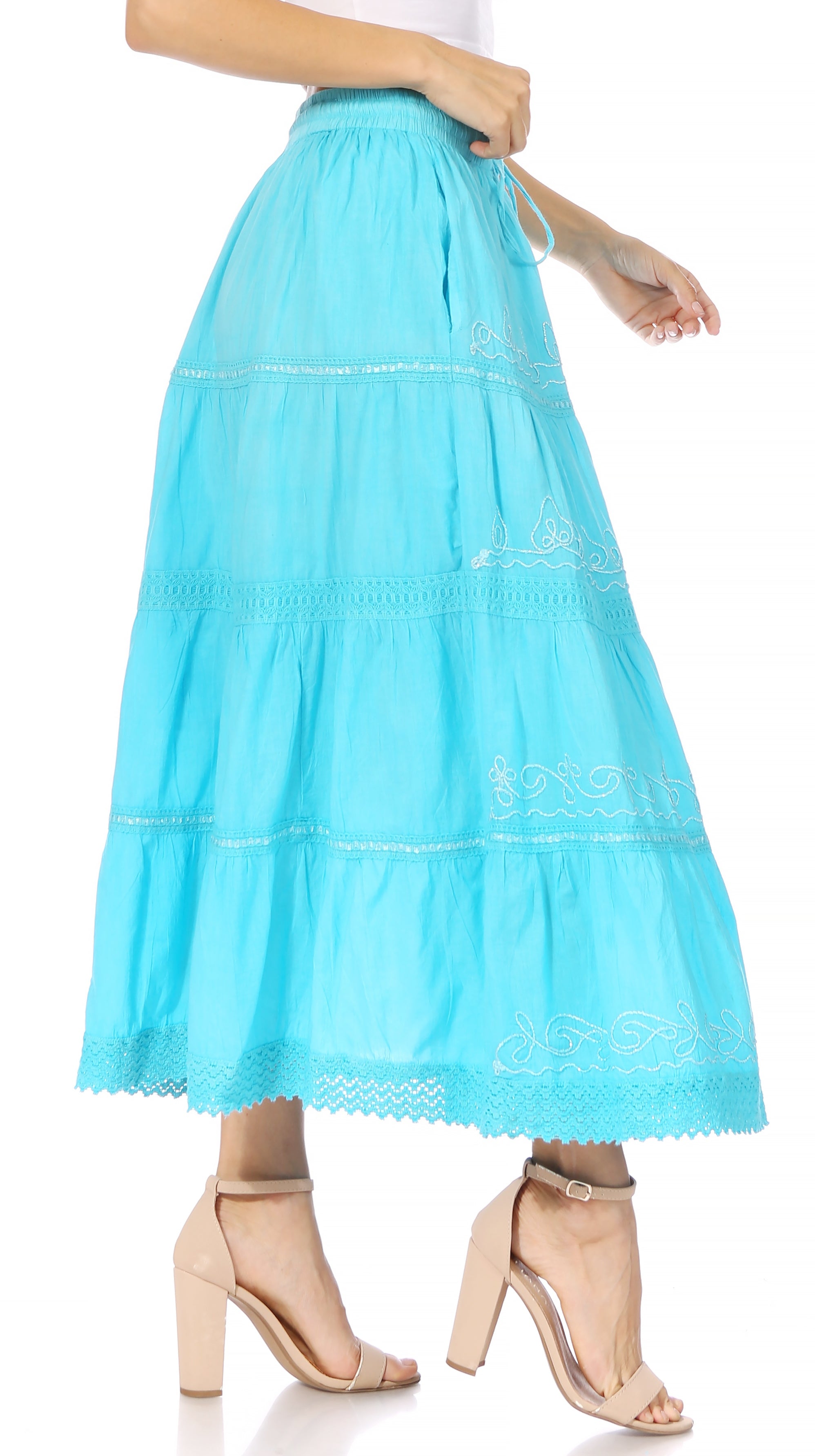 Sakkas - Solid Embroidered Crochet Lace Trim Gypsy Bohemian Mid Length Cotton Skirt