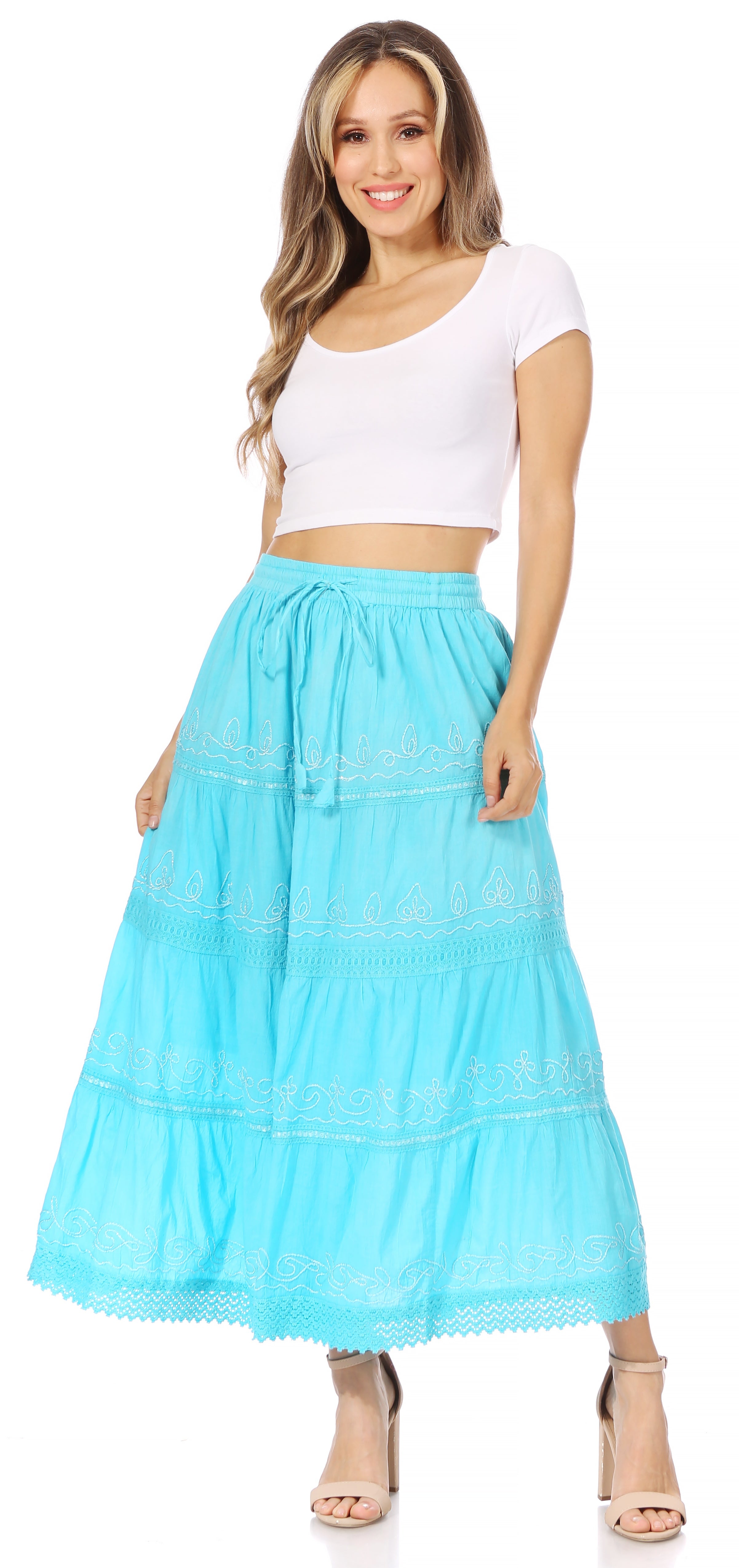 Sakkas - Solid Embroidered Crochet Lace Trim Gypsy Bohemian Mid Length Cotton Skirt