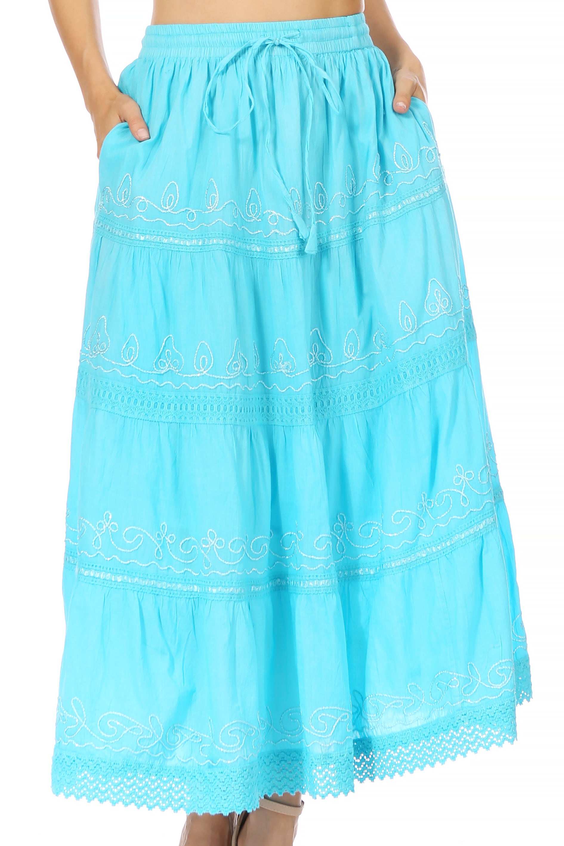 Sakkas - Solid Embroidered Crochet Lace Trim Gypsy Bohemian Mid Length Cotton Skirt