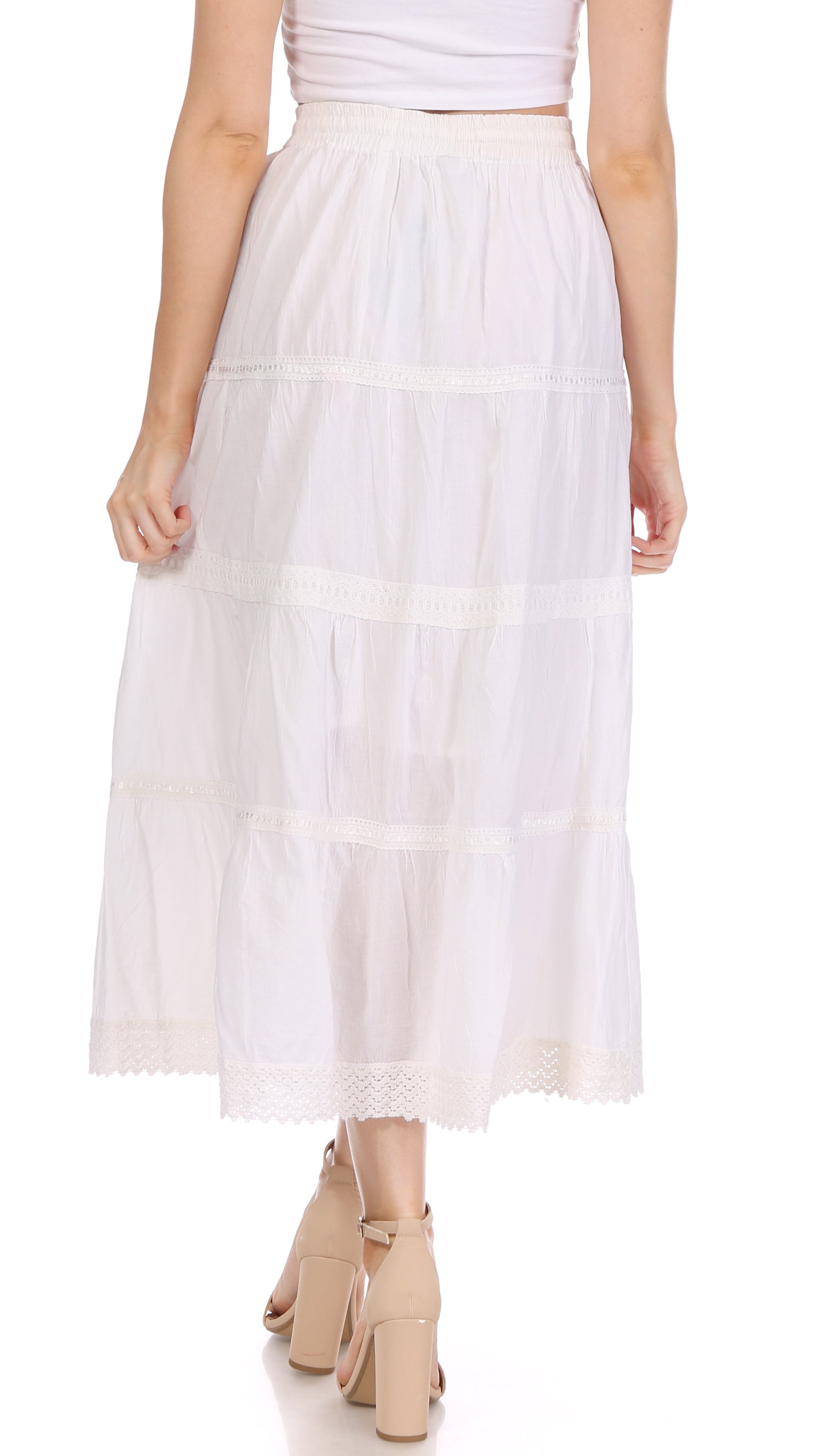 Sakkas - Solid Embroidered Crochet Lace Trim Gypsy Bohemian Mid Length Cotton Skirt