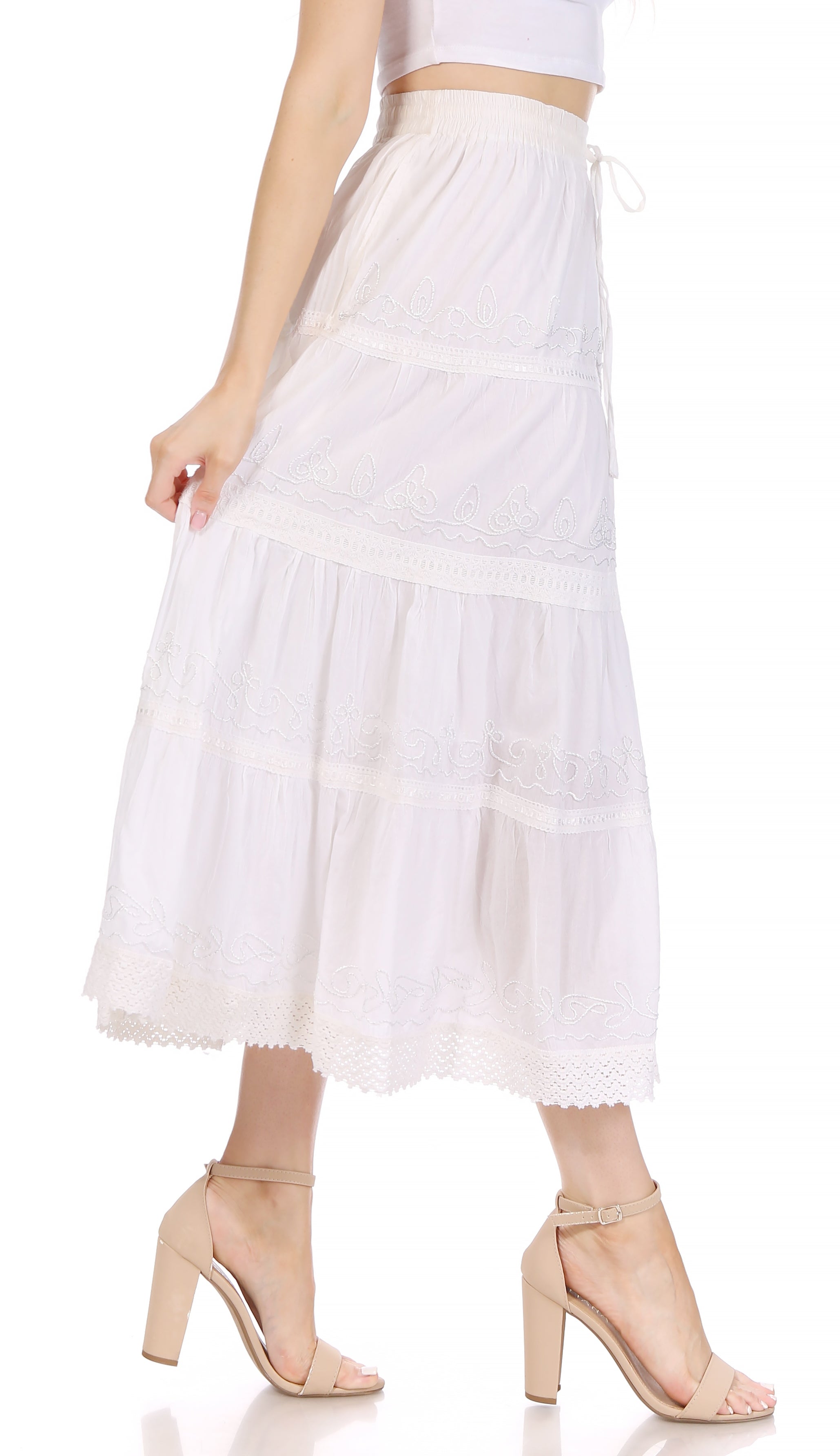 Sakkas - Solid Embroidered Crochet Lace Trim Gypsy Bohemian Mid Length Cotton Skirt