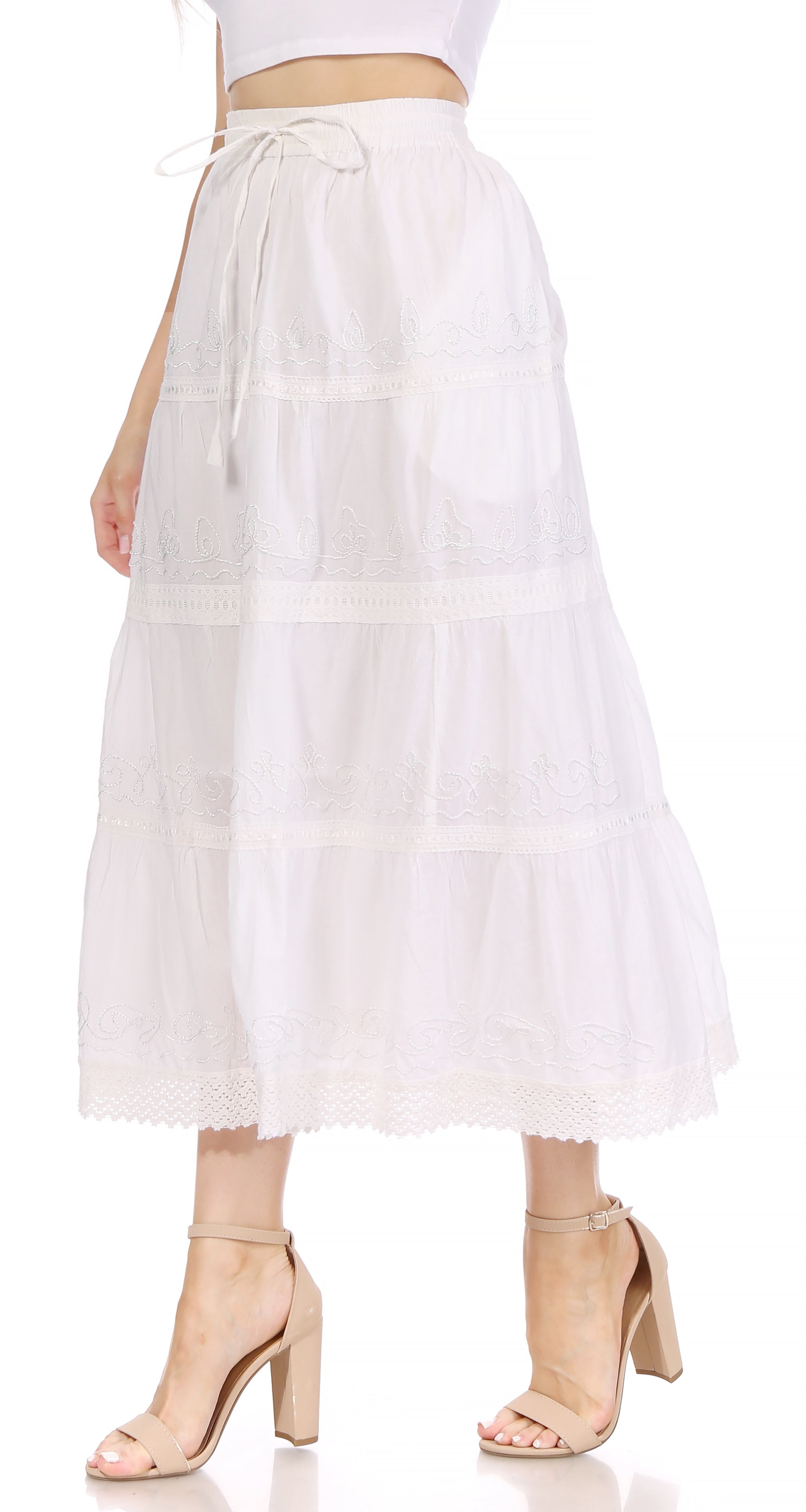 Sakkas - Solid Embroidered Crochet Lace Trim Gypsy Bohemian Mid Length Cotton Skirt
