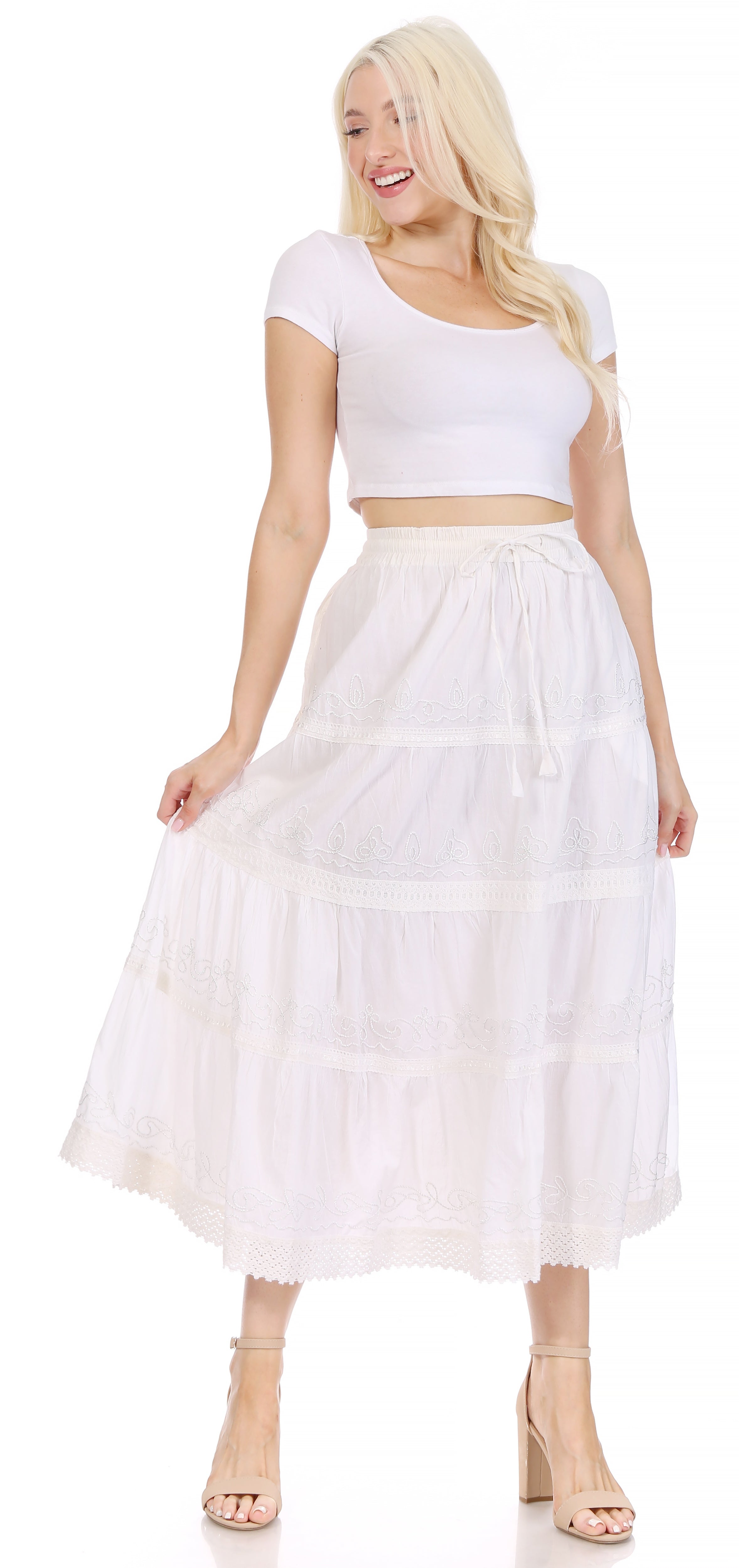 Sakkas - Solid Embroidered Crochet Lace Trim Gypsy Bohemian Mid Length Cotton Skirt