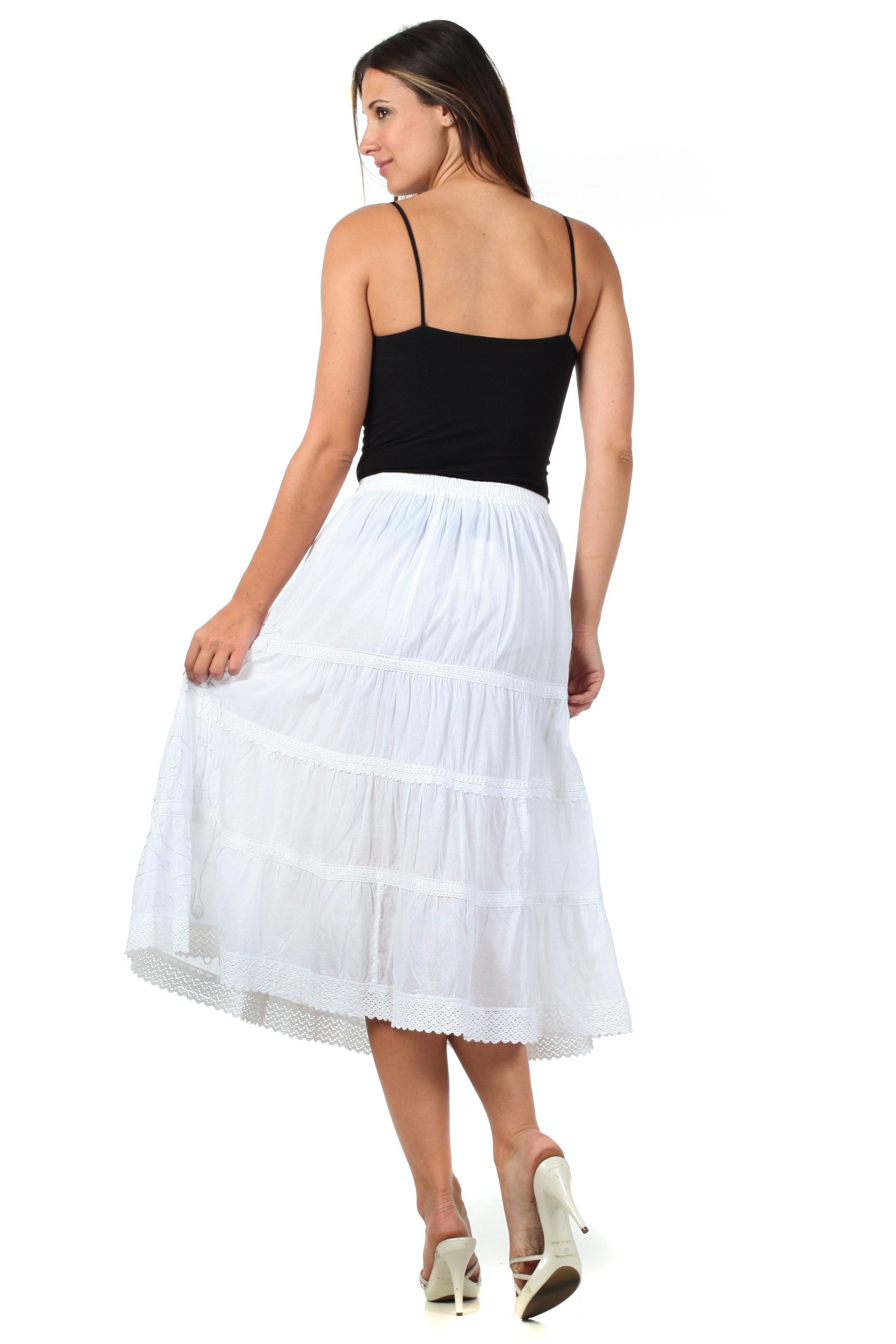 Sakkas - Solid Embroidered Crochet Lace Trim Gypsy Bohemian Mid Length Cotton Skirt