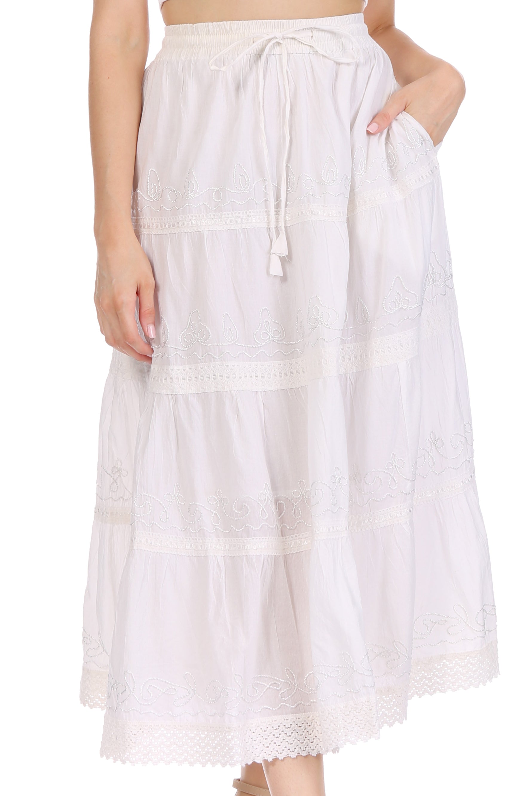 Sakkas - Solid Embroidered Crochet Lace Trim Gypsy Bohemian Mid Length Cotton Skirt