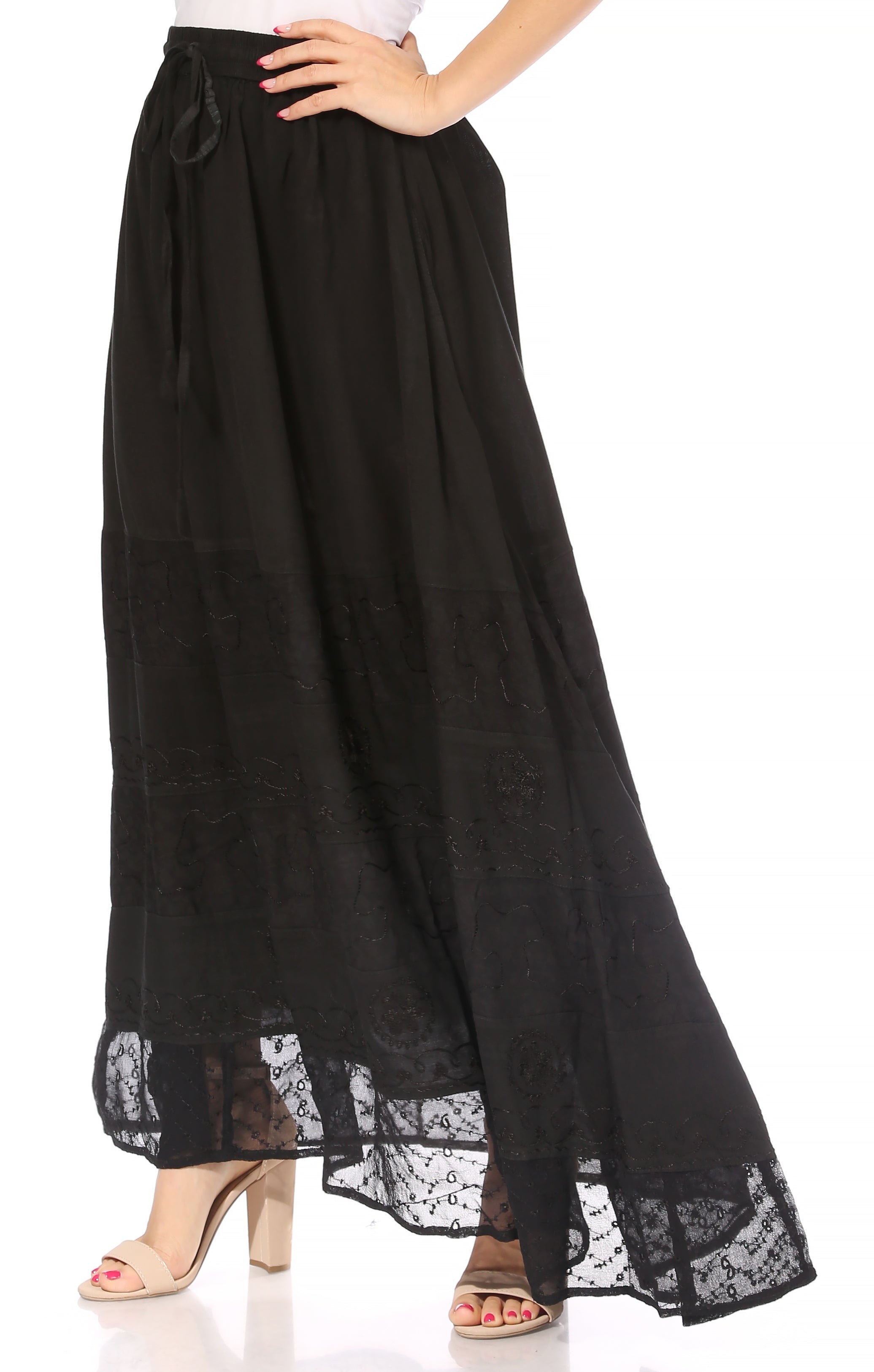 Black skirt with lace trim on a white background
