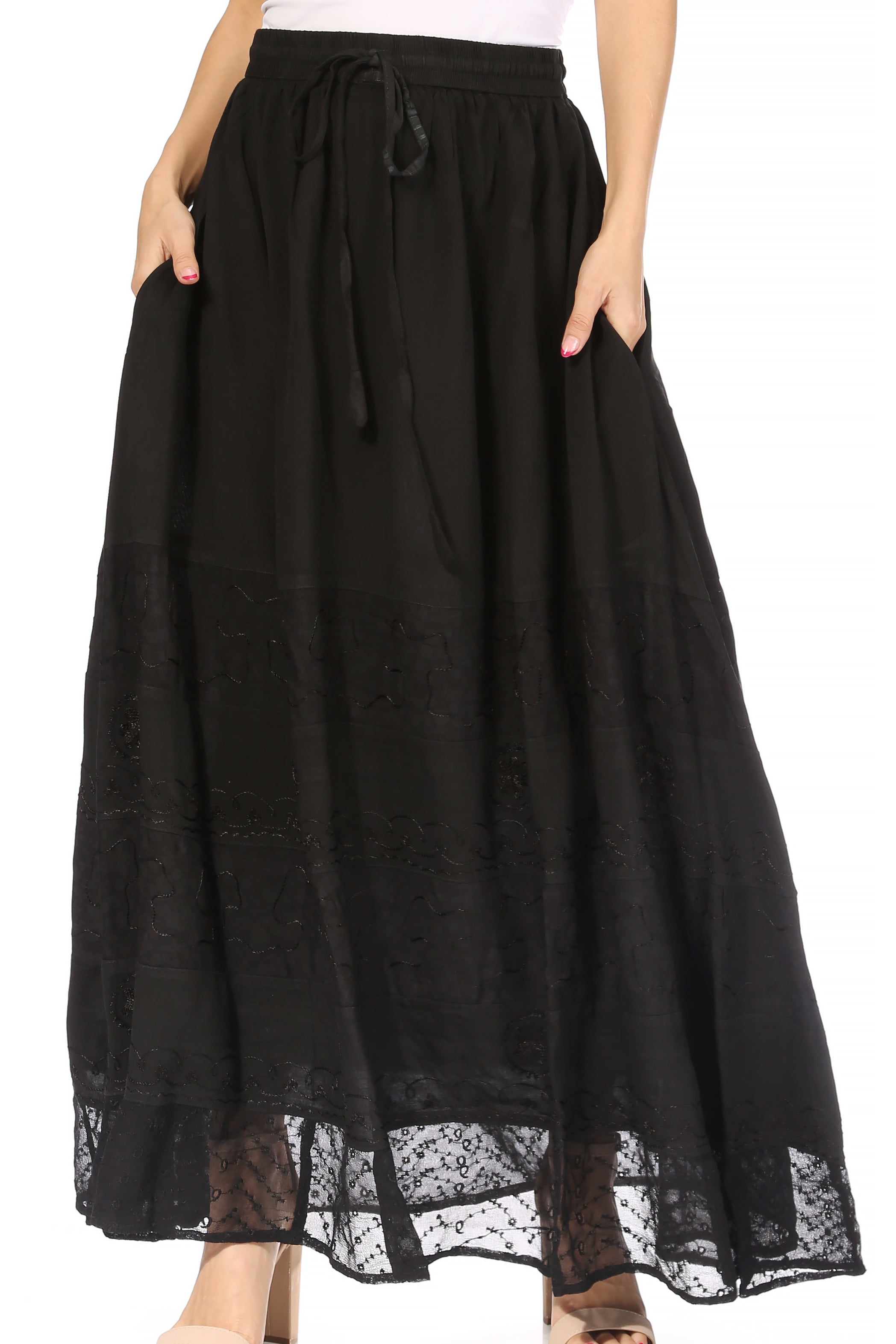 Black skirt with lace trim on a white background
