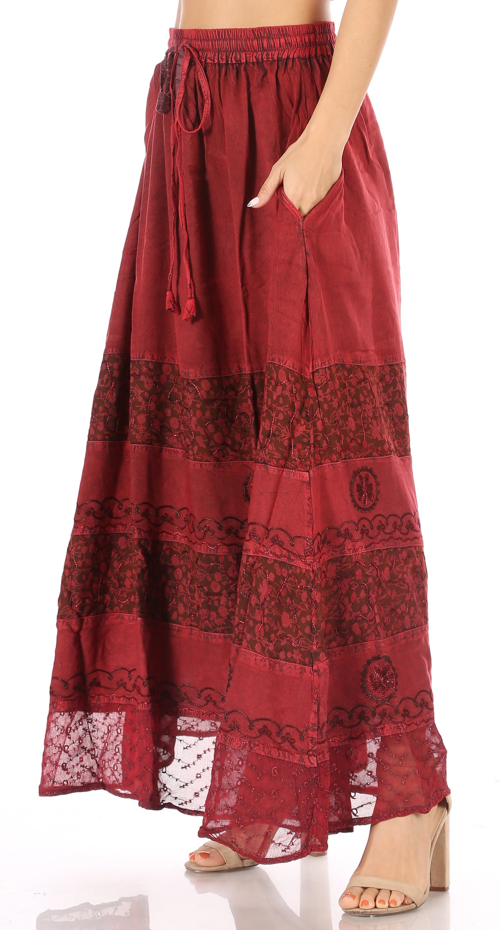 Red lace-trimmed skirt on a white background