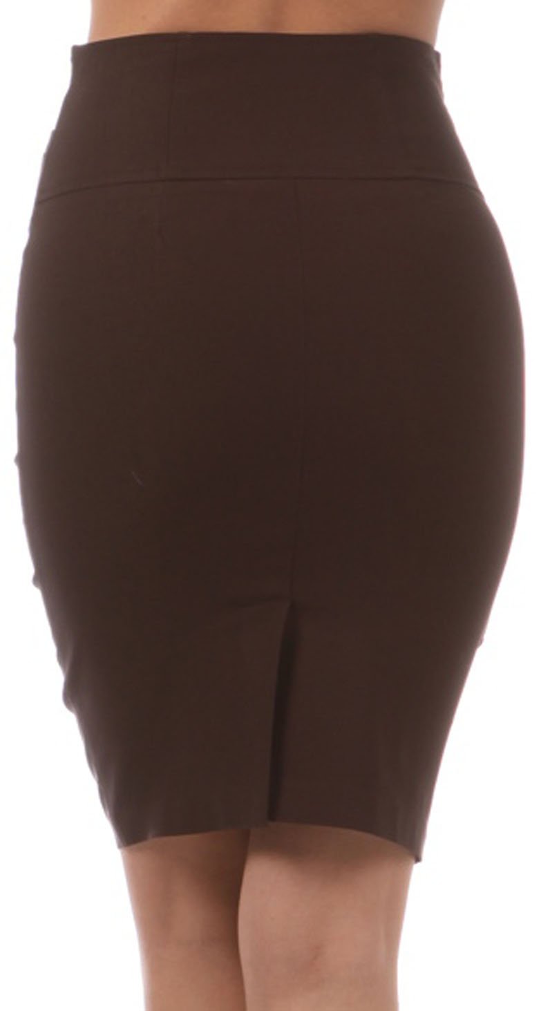 Brown pencil skirt worn by a person on a white background