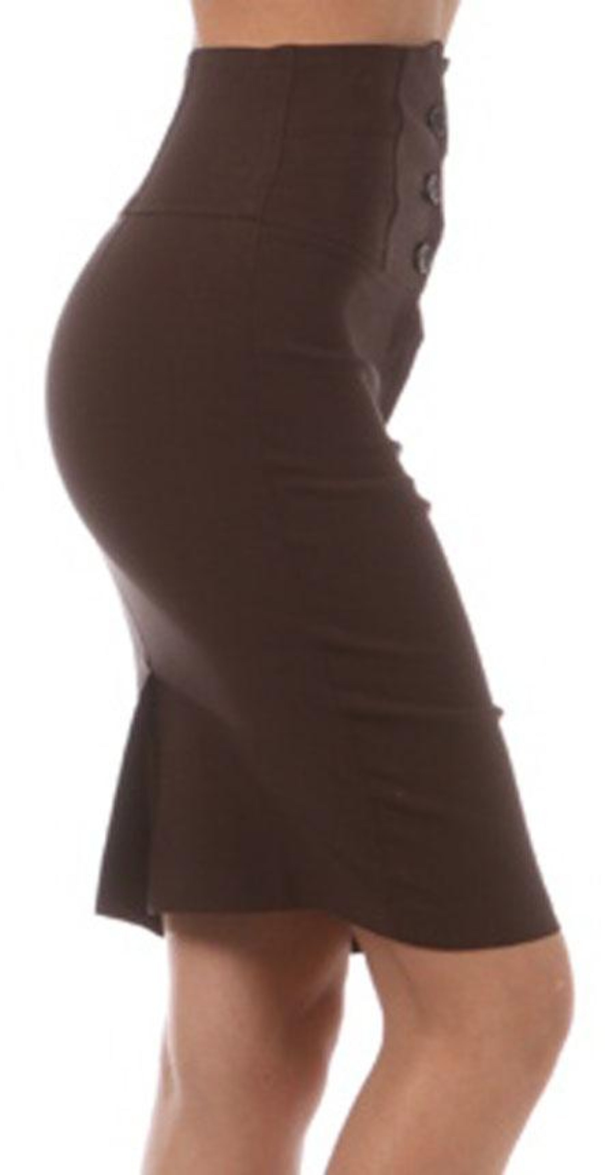 Brown pencil skirt worn by a person on a white background
