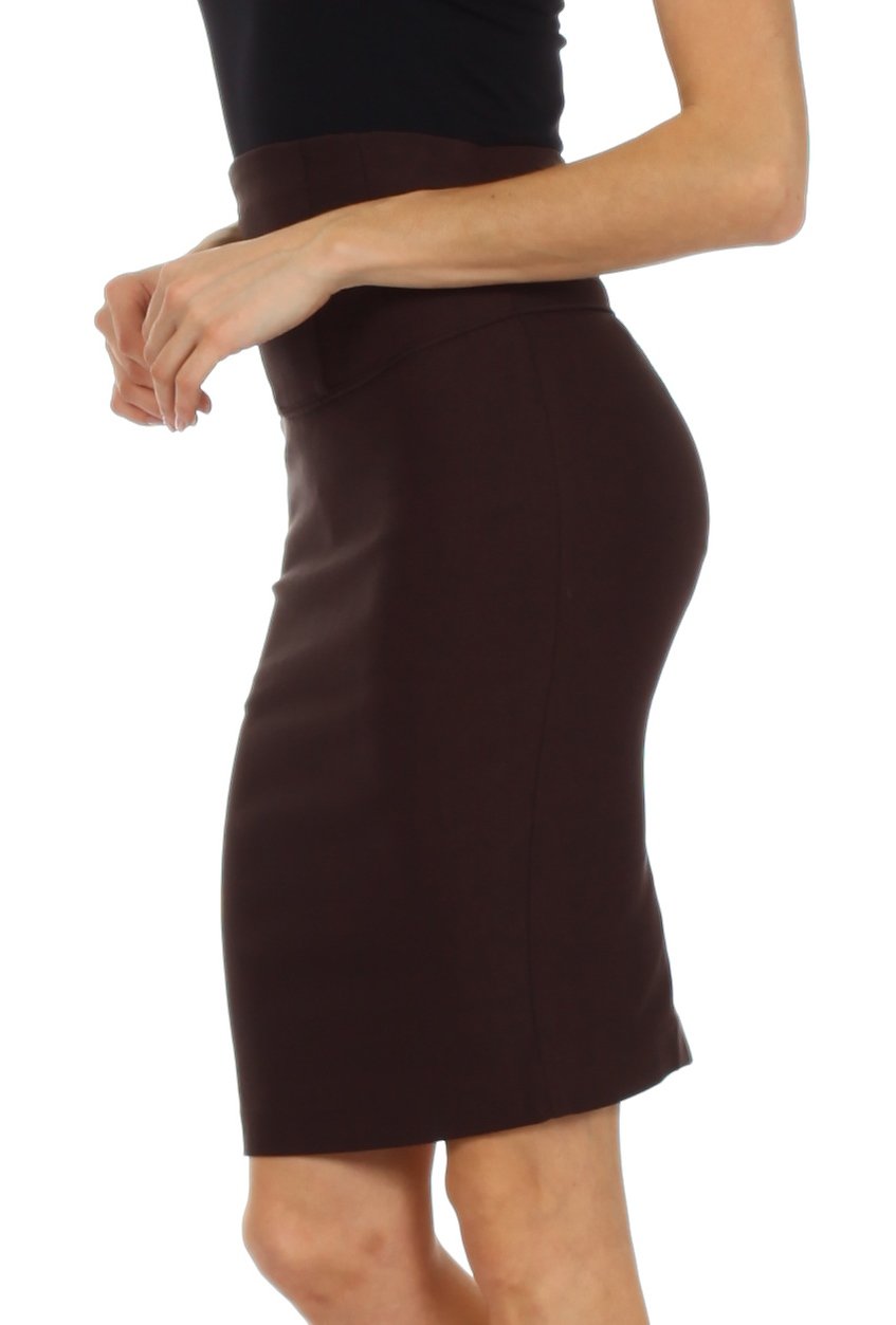 Brown pencil skirt worn by a person on a white background