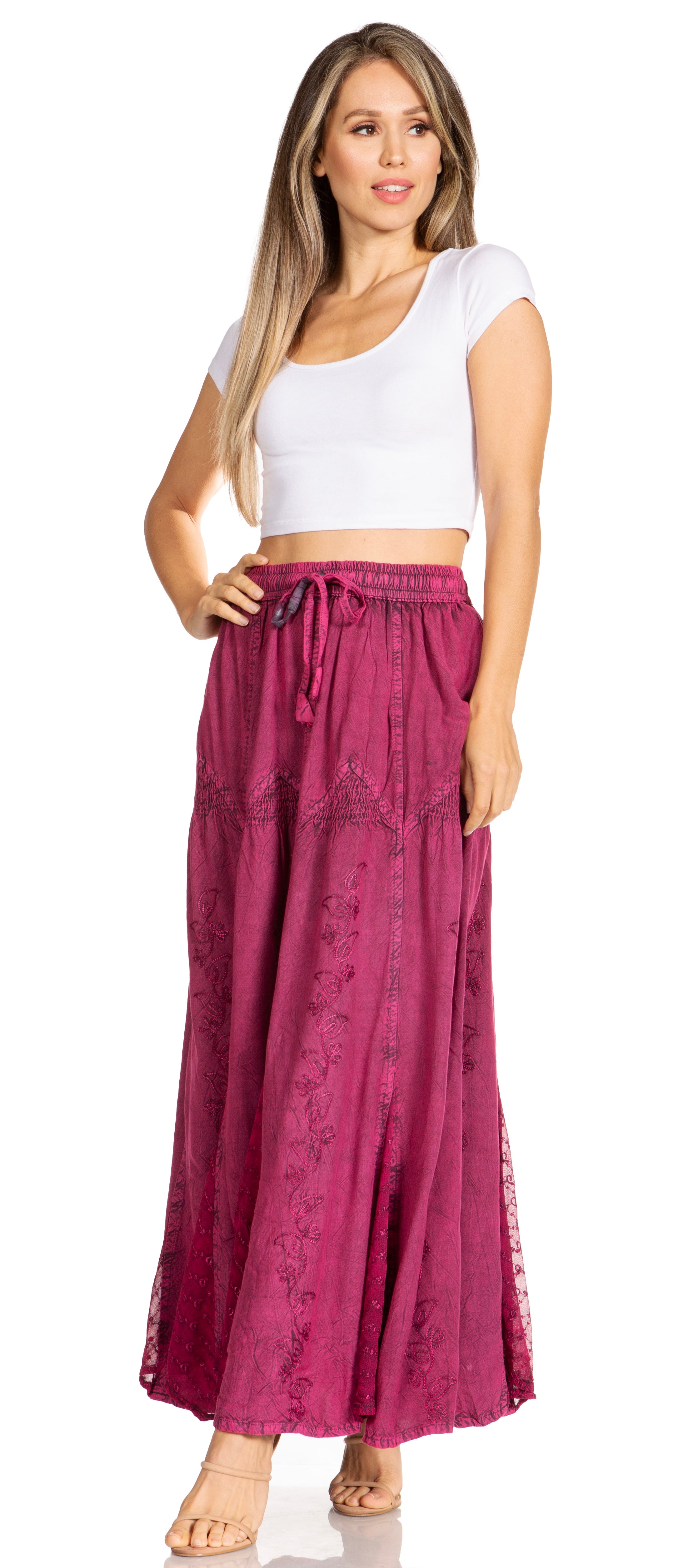 Sakkas - Olivia Maxi Bohemian Gypsy Long Skirt With Elastic Waist and Lace