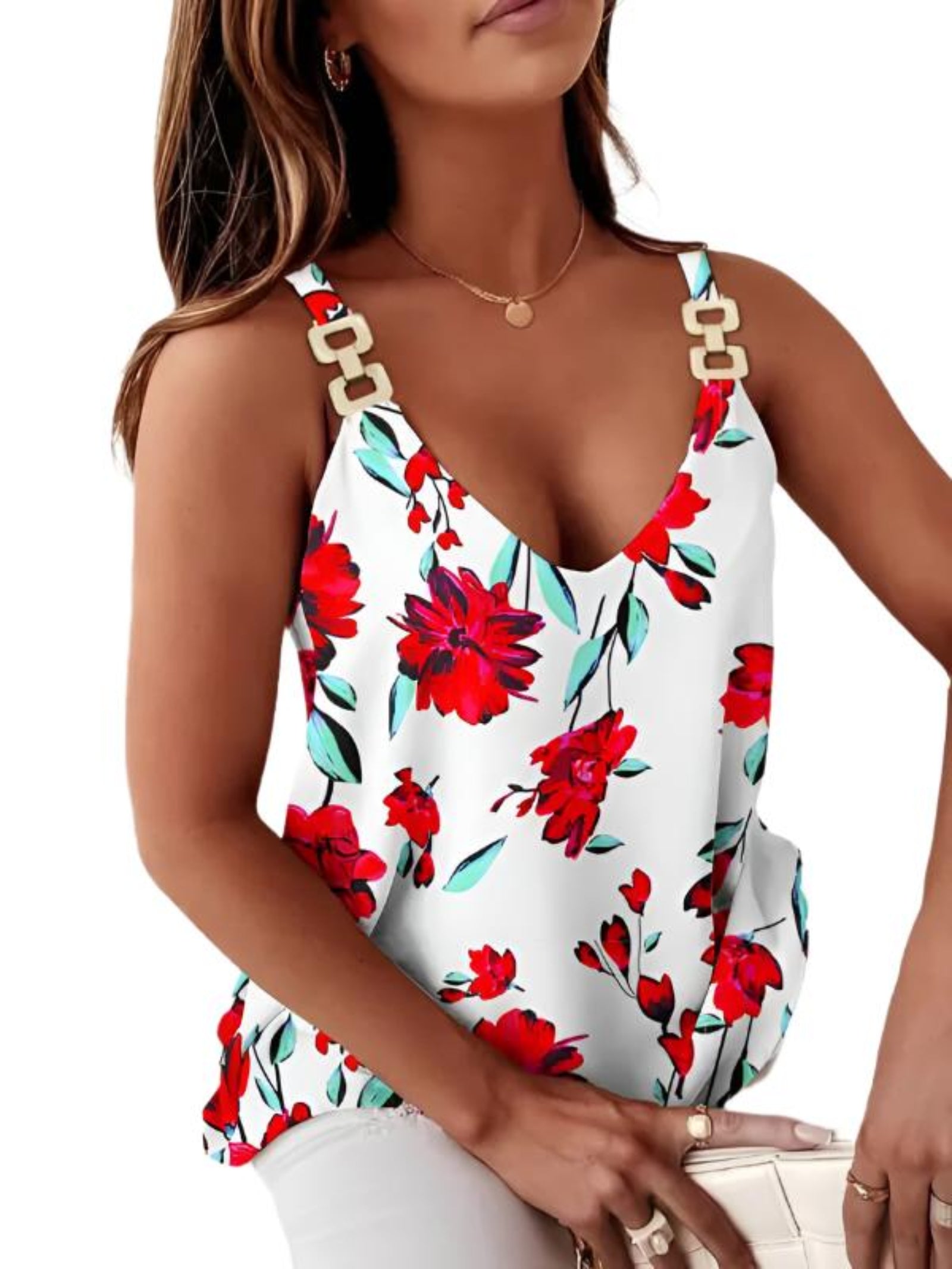 Sleeveless Chain Halter Print Tank Top