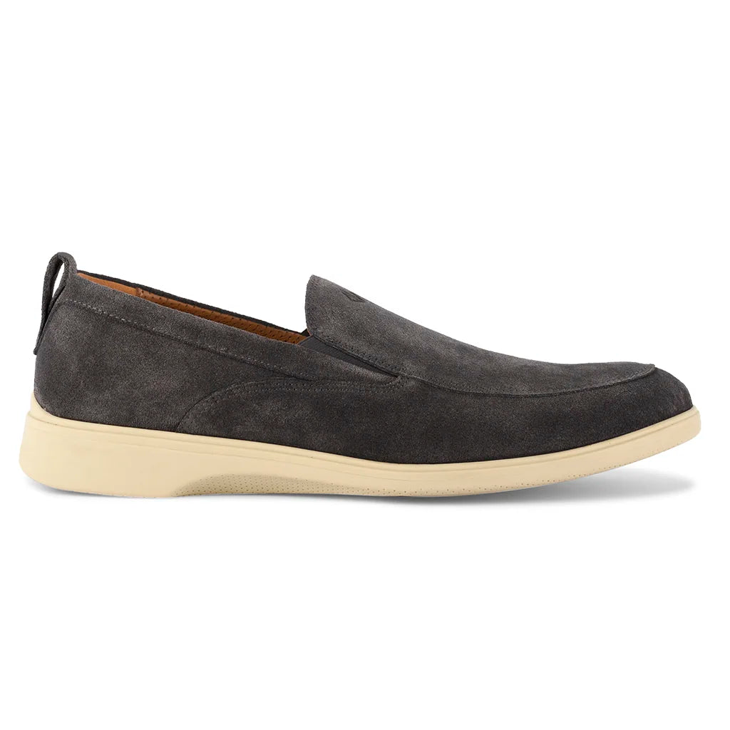 Dark gray suede loafer shoe on a white background