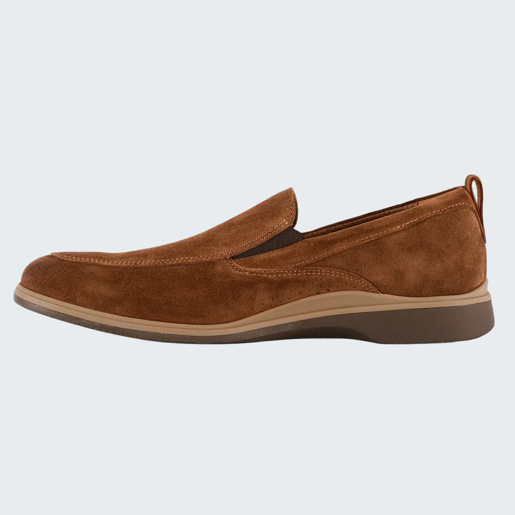 Brown suede loafer shoe on a white background