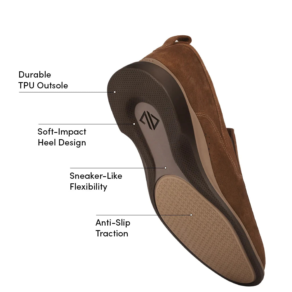 Brown shoe with labeled features on a white background