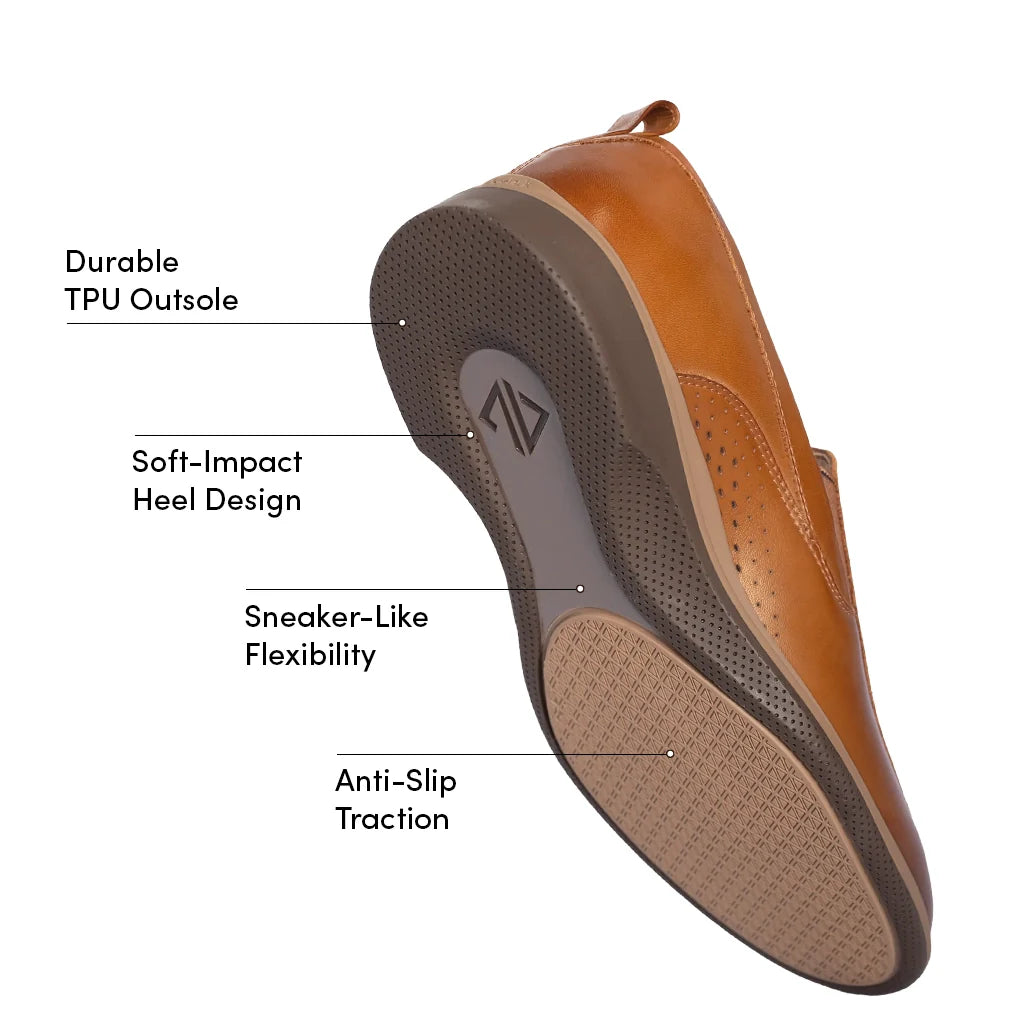 Brown shoe with labeled features on a white background