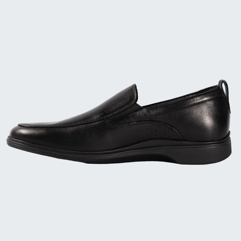 Black leather loafer shoe on a white background