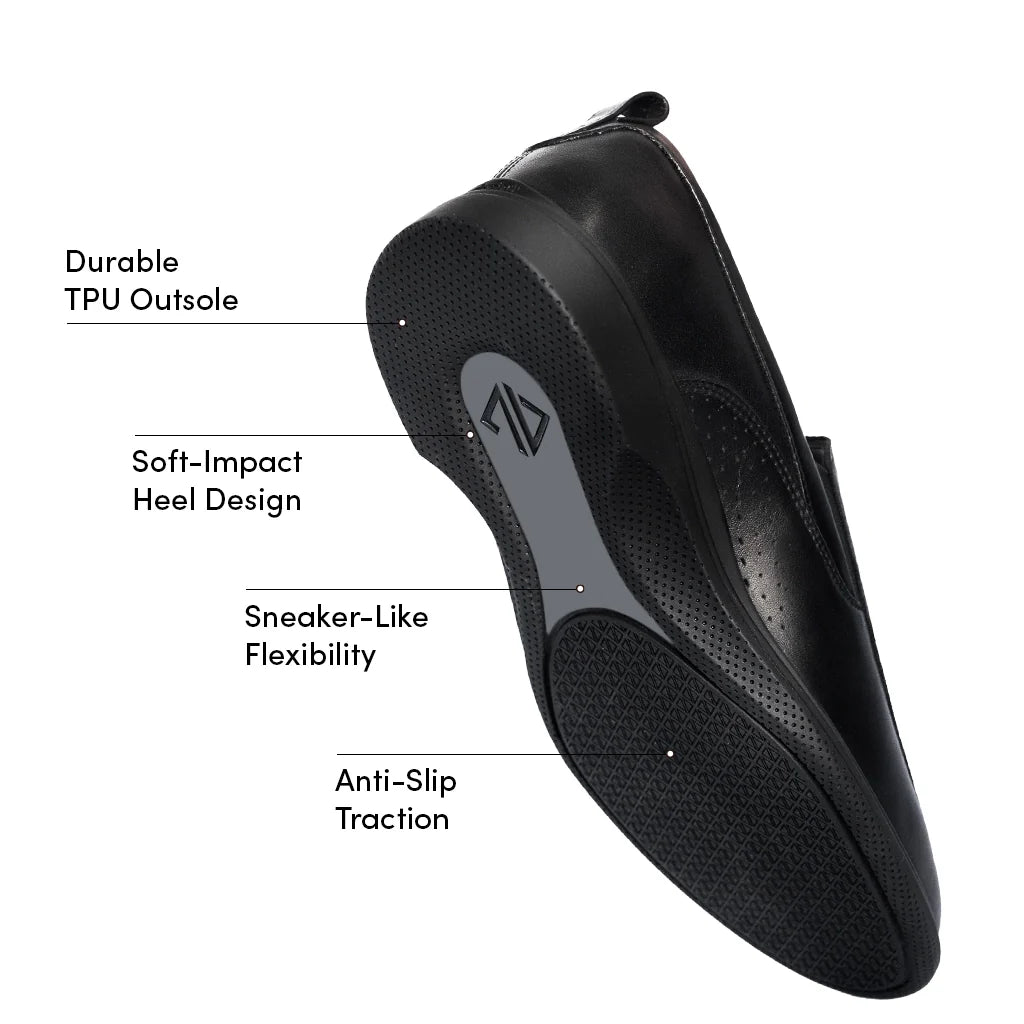 Black shoe with labeled features on a white background