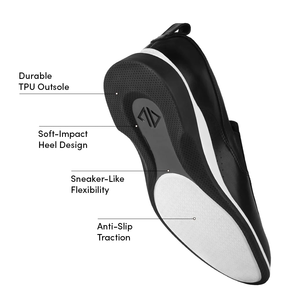 Black and white athletic shoe with labeled features on a white background