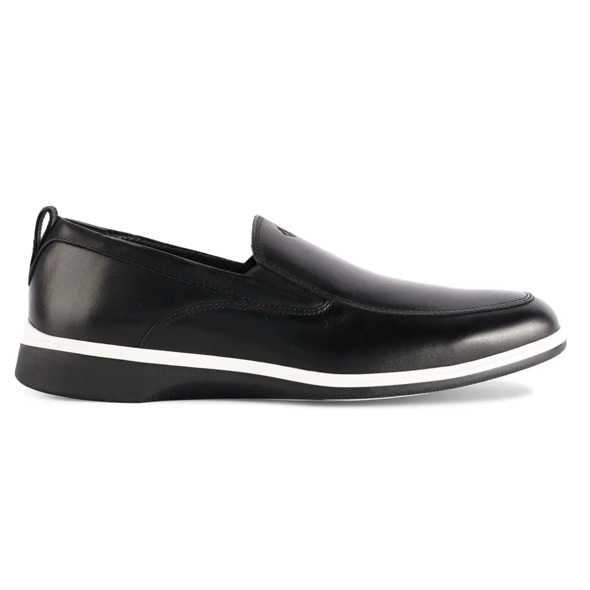 Black slip-on shoe with a white sole on a white background