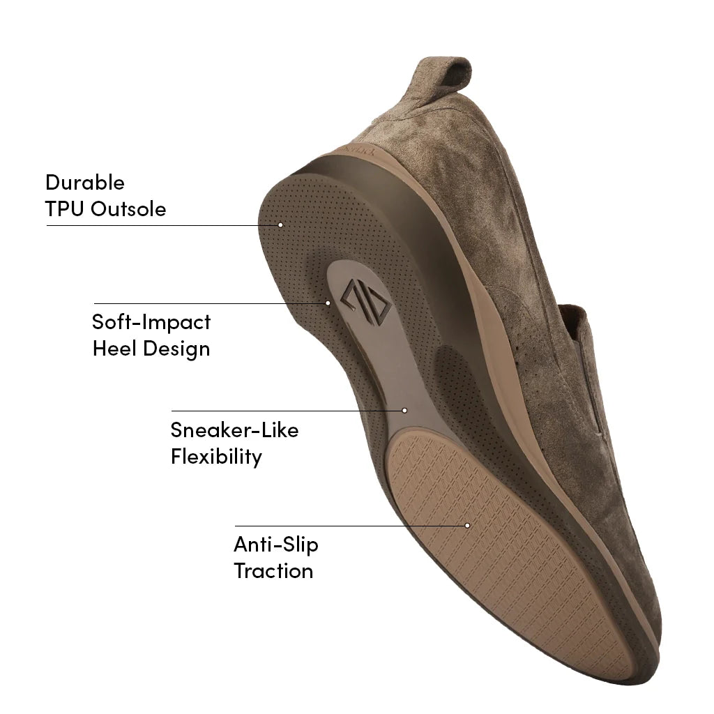 Brown shoe with labeled features on a white background