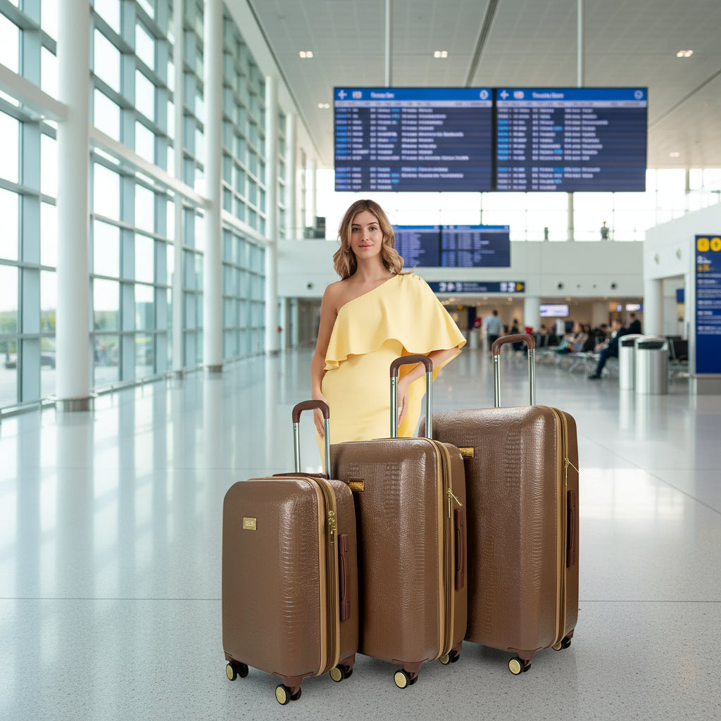 Woman in a yellow dress standing next to three brown suitcases on a white background